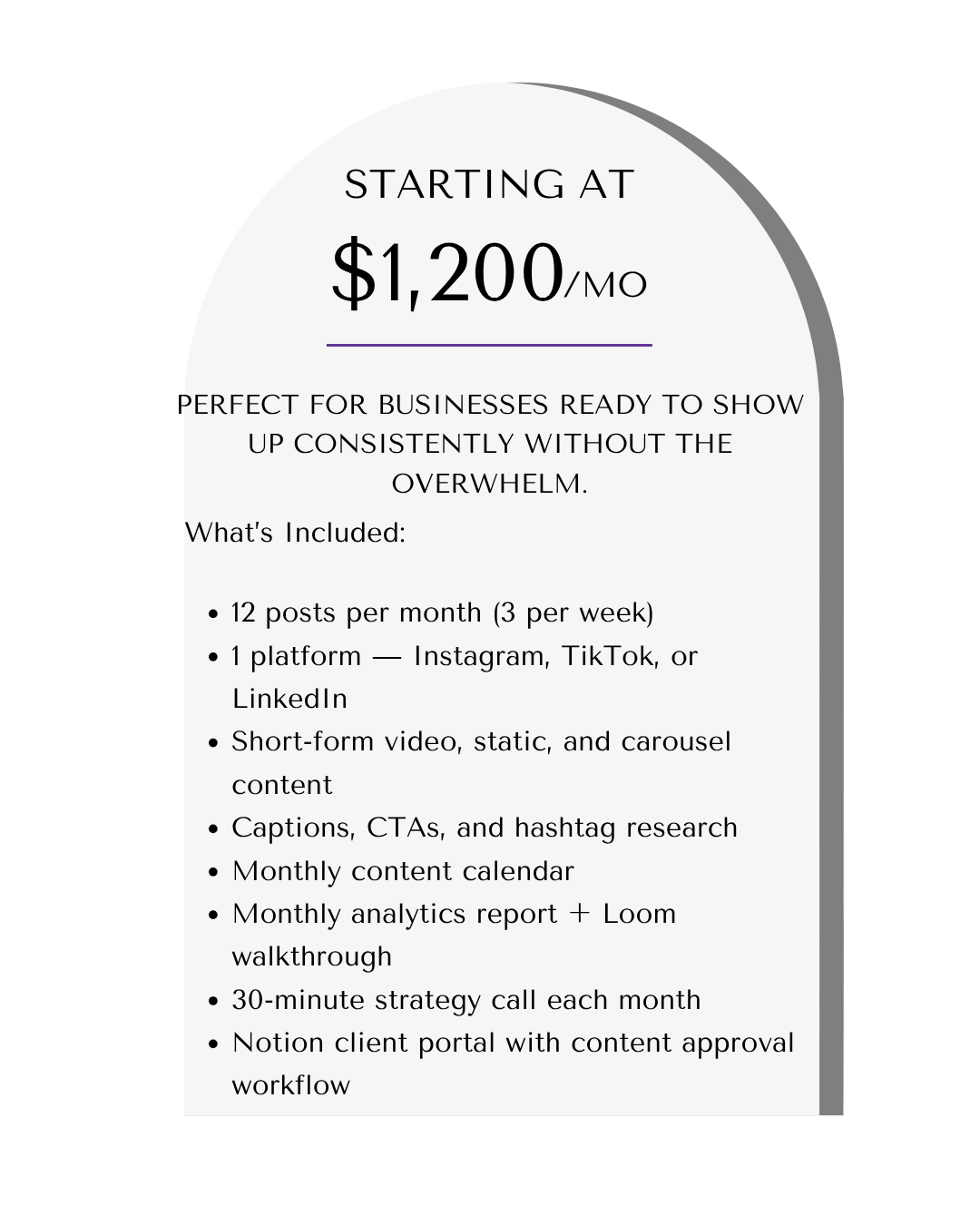 Pricing plan flyer for a social media content service starting at $1,200 per month, including features like 12 posts monthly, platform options, short-form videos, captions, analytics, strategy calls, and content workflow.