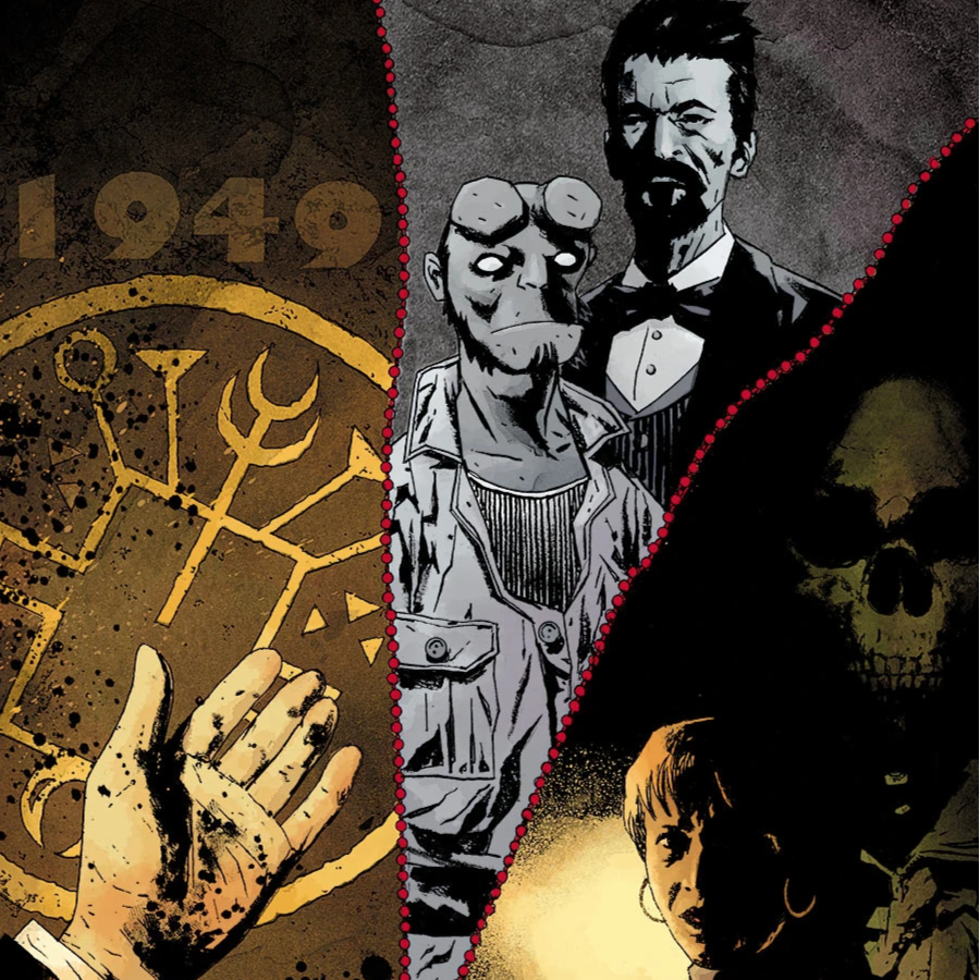 A collage of different scenes featuring artistic illustrations and photographs. The left side shows a hand with black ink smudges in front of a golden symbol and the year 1940. The middle features a stylized drawing of a monkey and a man in a tuxedo. The right side depicts a dark scene with a skull and a woman with short hair and hoop earrings, illuminated by a warm light.