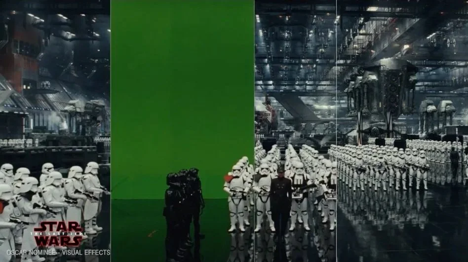 A behind-the-scenes photo of Star Wars film production, showing stormtroopers, camera crew, and a green screen set with a detailed spaceship set piece in a studio.
