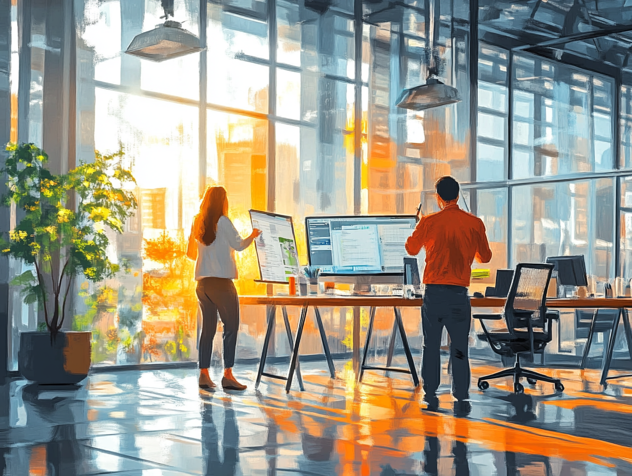 Two people working at a modern office desk in front of large windows during sunset, with sunlight illuminating the space and city buildings outside.