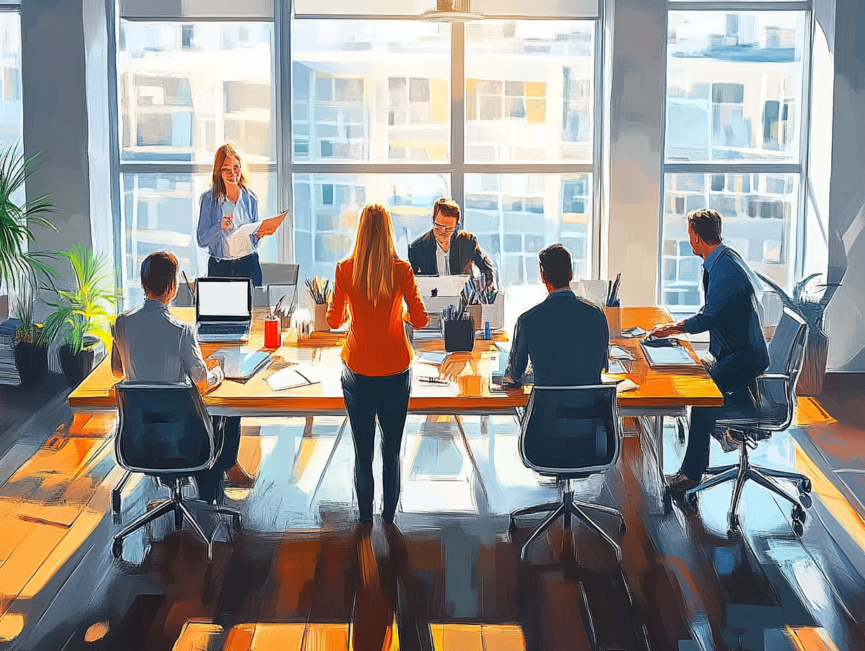 Business meeting with five people in a modern office. One woman stands and speaks to four seated colleagues, with large windows and cityscape view in the background.