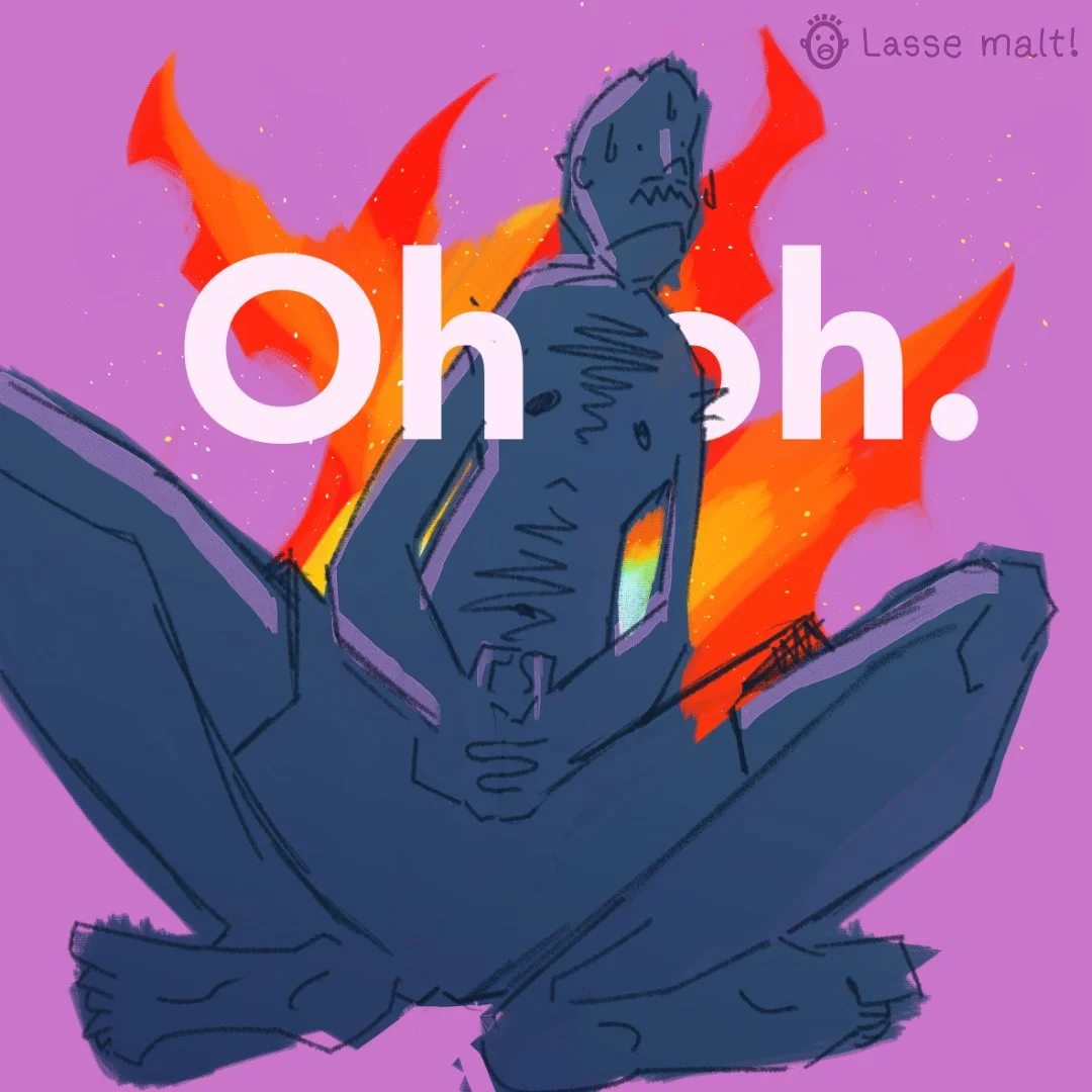 Ein*e schockierte Künstler*in sitzt vor dem Schriftzug "Oh oh"