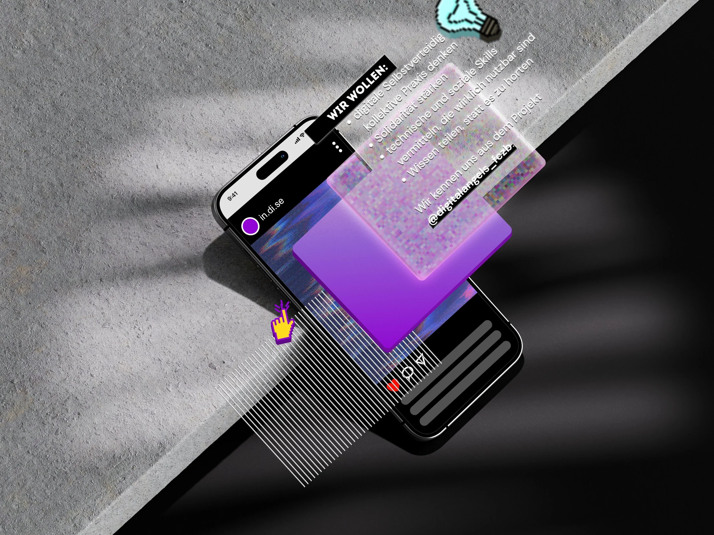 Visualisierung für verschiedene Gestaltungselemente die über einem Handy mit Socialmedia Post schweben
