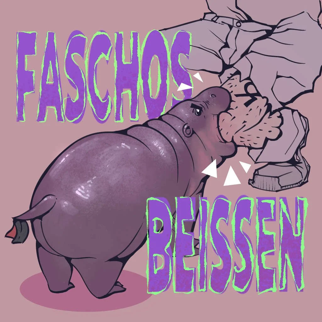 Illustration eines antifaschistischen Babynilpferds, dass einen Mann ins Knie beißt. Auf Bild steht "Faschos Beissen"