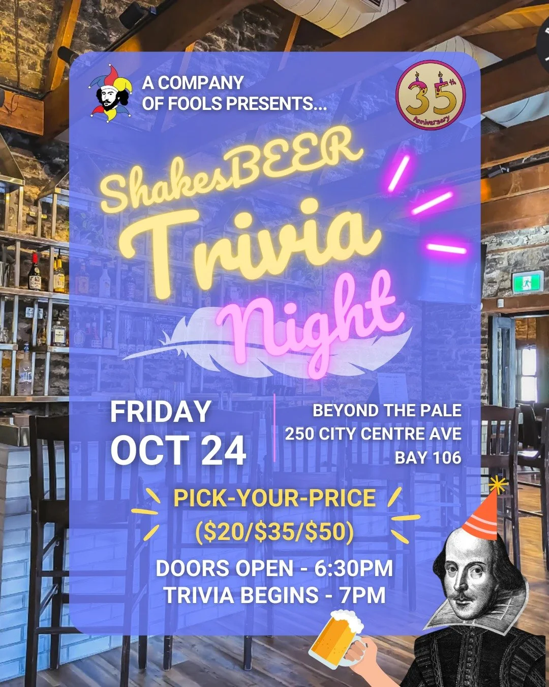 It's time to dust off your thinking caps, because ShakesBEER is BACK, baby! After a super successful night of trivia last year, we are bringing the fun back with NEW questions, NEW prizes, and NEW (strikingly beautiful) hosts! Come with a team or joi