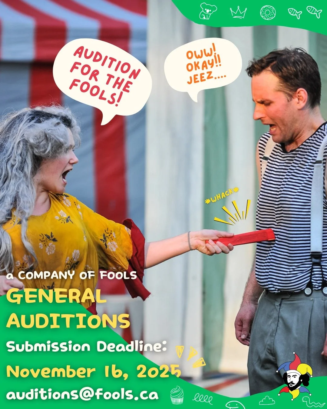 GENERAL AUDITIONS ✨
Are you a Fool at heart? We are now accepting general audition submissions for our 2026 season! We are looking to cast roles in the upcoming spring remount of our touring TYA show and for our summer production. Actors will need t