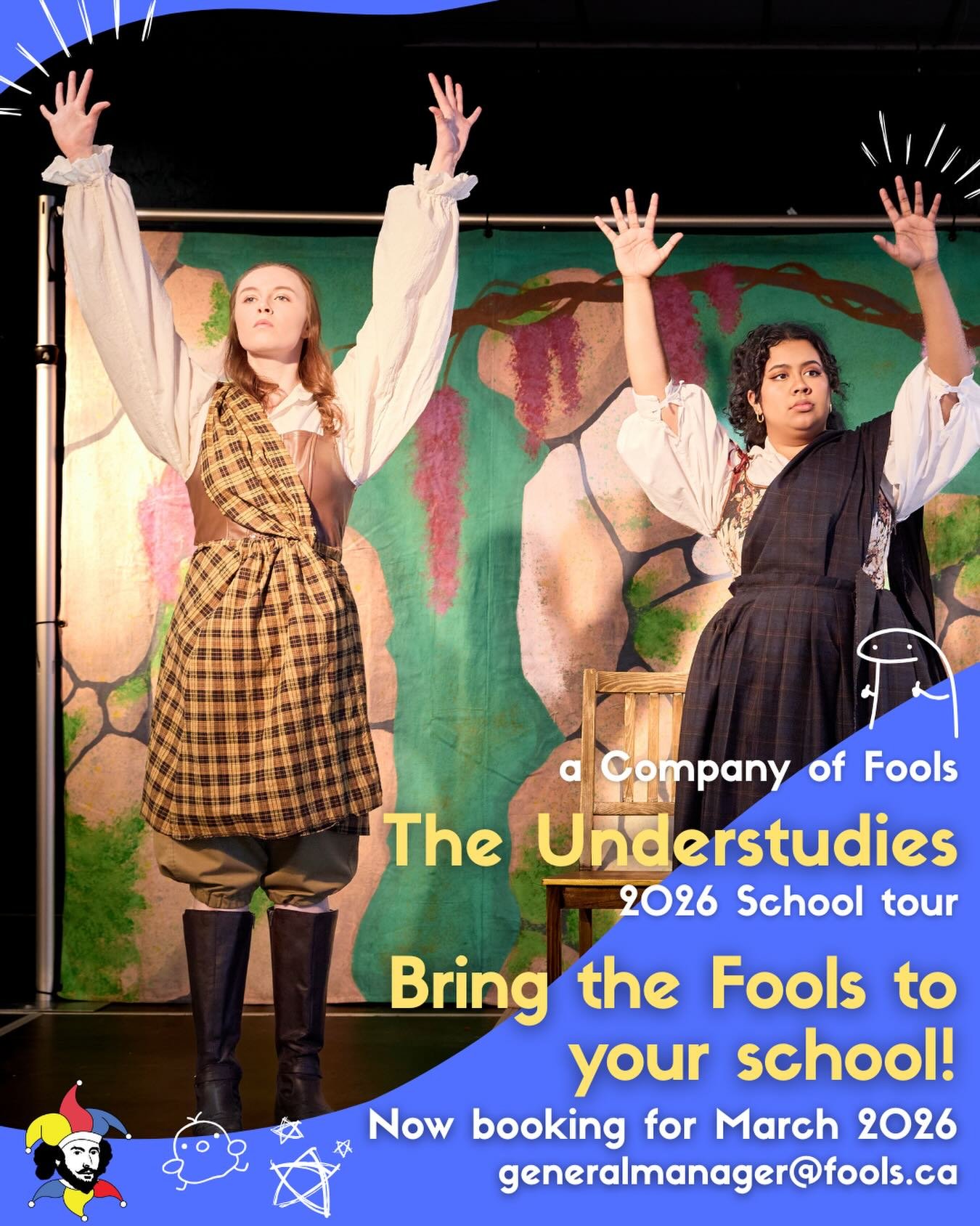 Raise your hand if you think learning should be fun 🙋🏻&zwj;♀️

a Company of Fools is back with The Understudies, a 60-minute, high energy, interactive show for grades 7-12, that not only helps students engage with Shakespearean texts, but puts them