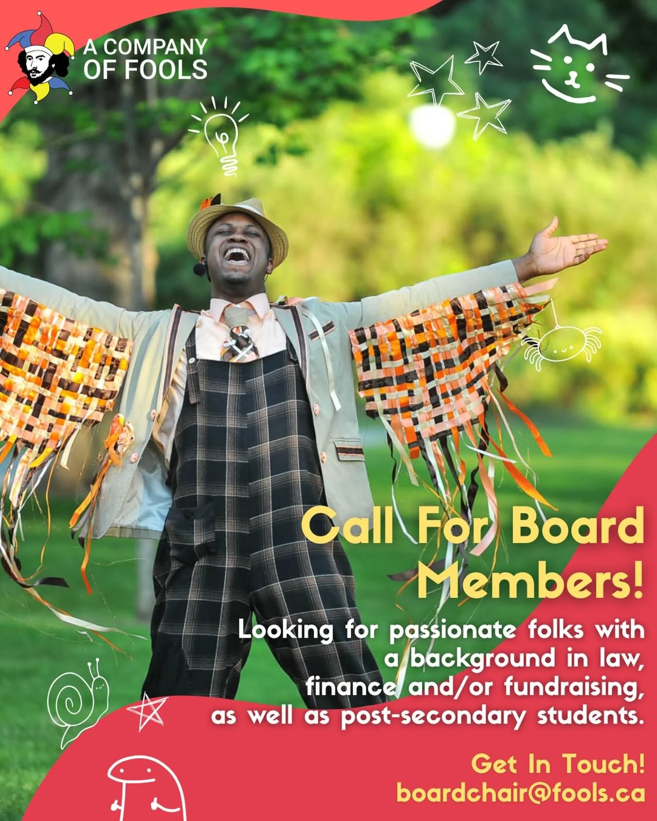Are you passionate about Arts and Culture?

Interested in making theatre accessible to everyone? You may be perfect for our Board of Directors! We are looking for passionate folks to join our board with a background in&nbsp;law, finance and/or fundra