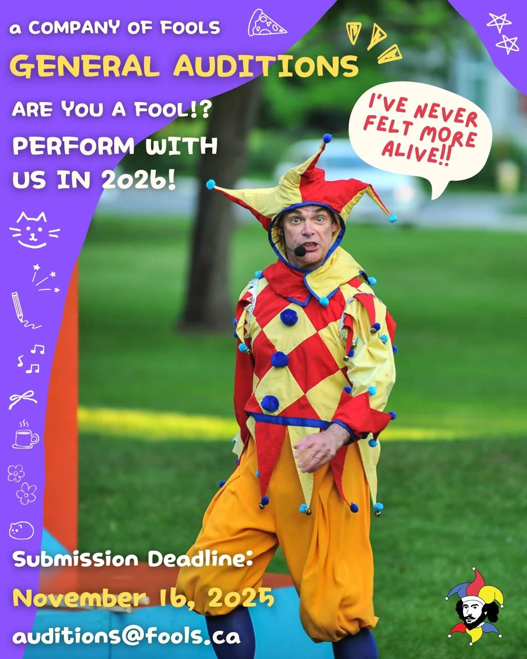 Have you ever dreamed of Fooling? 🃏

We are now accepting submissions for our general auditions! Actors will need to prepare either 2 classical monologues (at least one Shakespeare) or 1 Shakespeare monologue and 1 song excerpt (preferably from the 