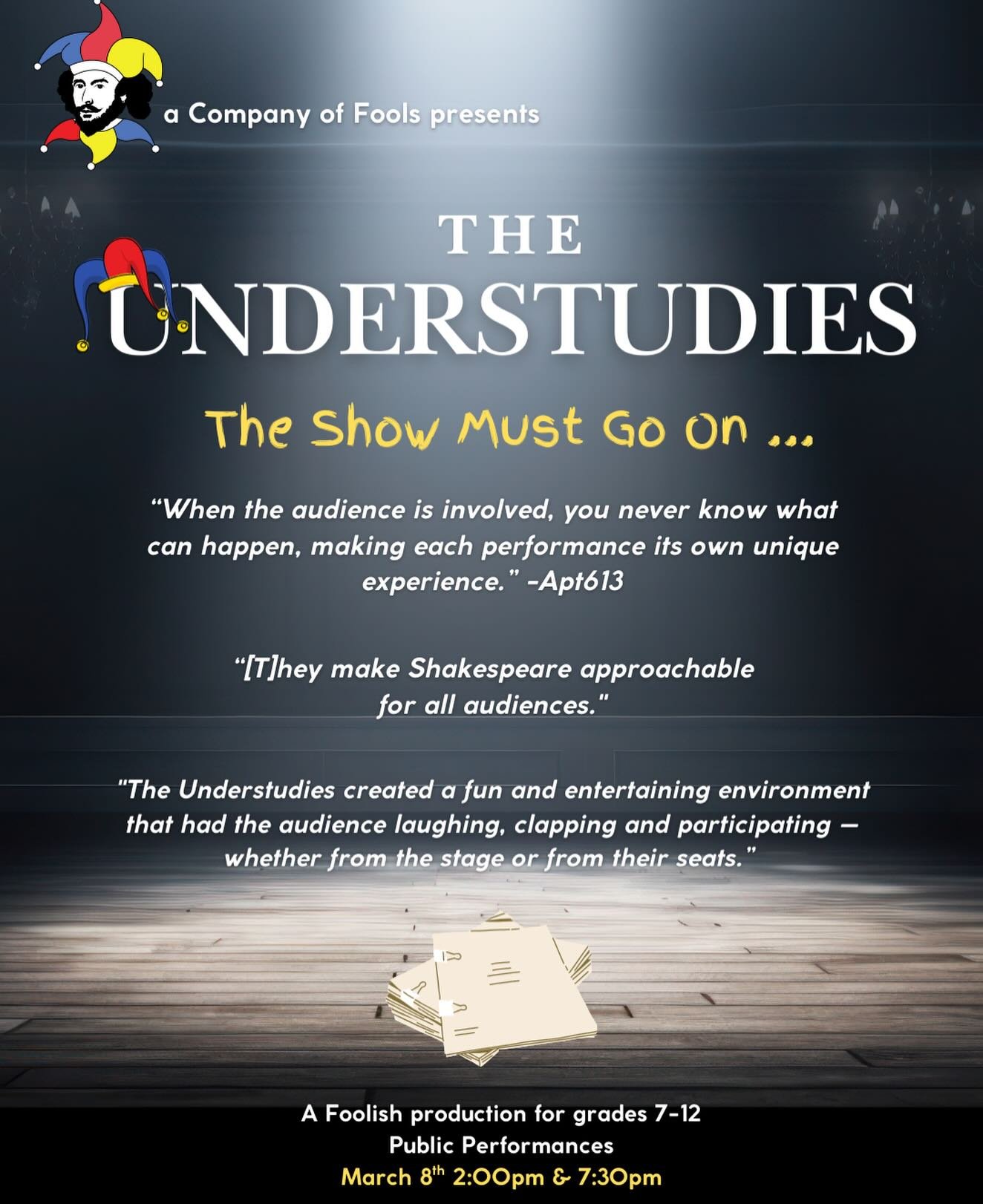 The Understudies is BACK! ✨ When a theatre troupe finds out that their star actor has gone missing they must find a replacement &ndash; and quickly! This hilarious and fast-paced misadventure features a Company of Fools performing some of Shakespeare