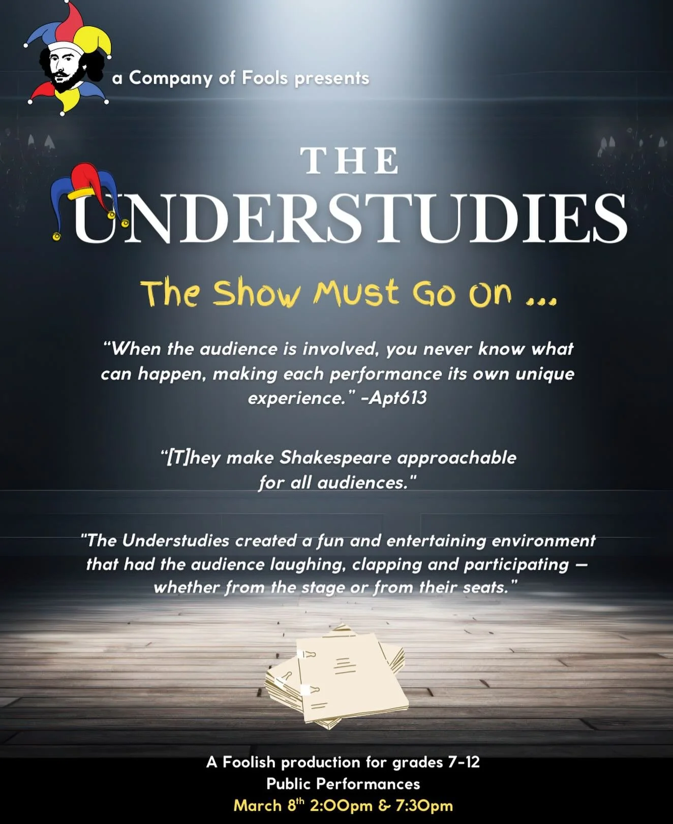 The Understudies is BACK! ✨ When a theatre troupe finds out that their star actor has gone missing they must find a replacement &ndash; and quickly! This hilarious and fast-paced misadventure features a Company of Fools performing some of Shakespeare