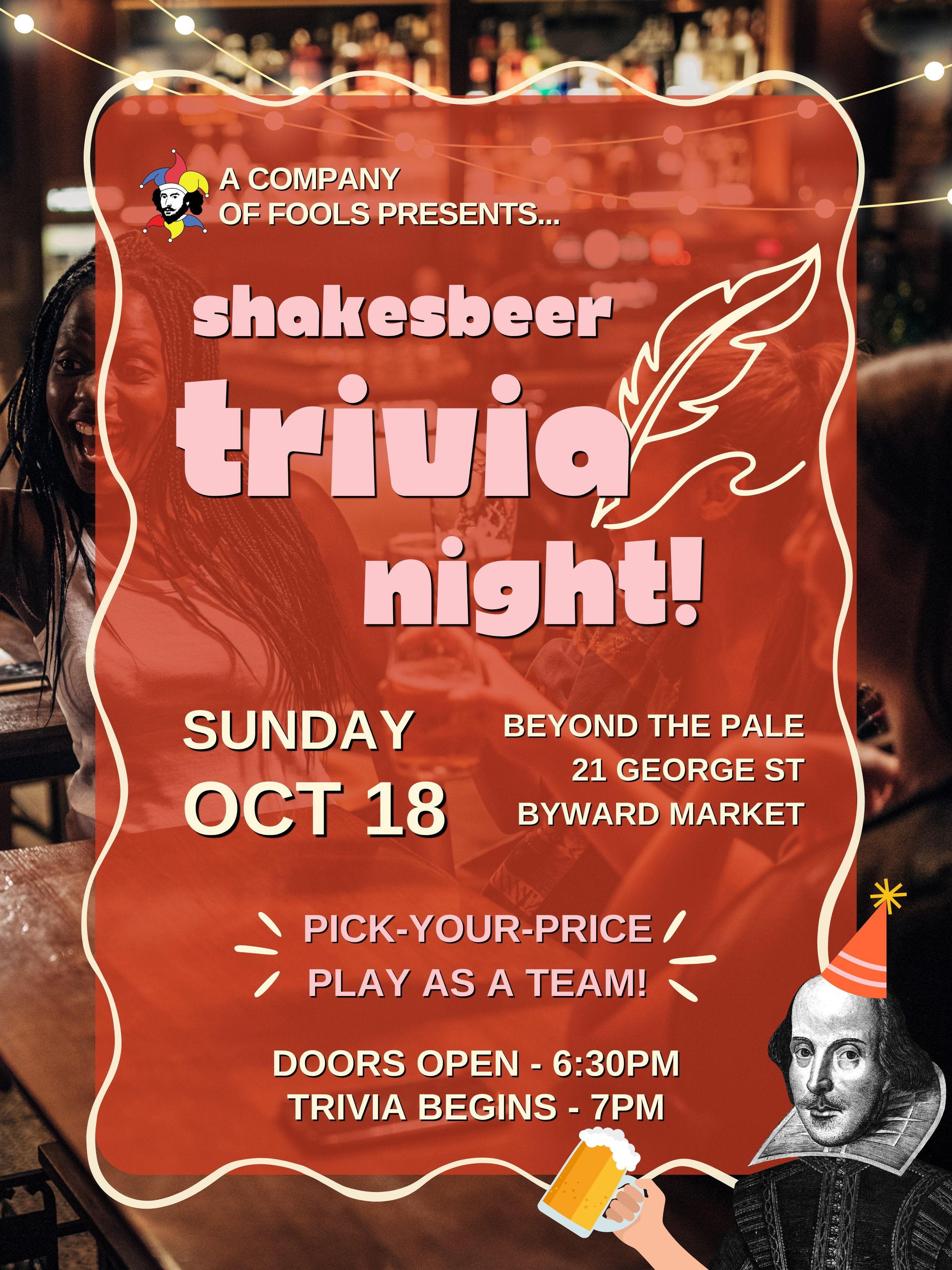 CATEGORY REVEAL! ✨

Well, a few categories! We can&rsquo;t give it all away off the top! Take a look at the first 3 categories for our upcoming ShakesBEER Trivia Night 🎉:

👕 The Clothes Make The Man 

🍽️ A Dish Fit for the Gods

🎭 Something Wicke