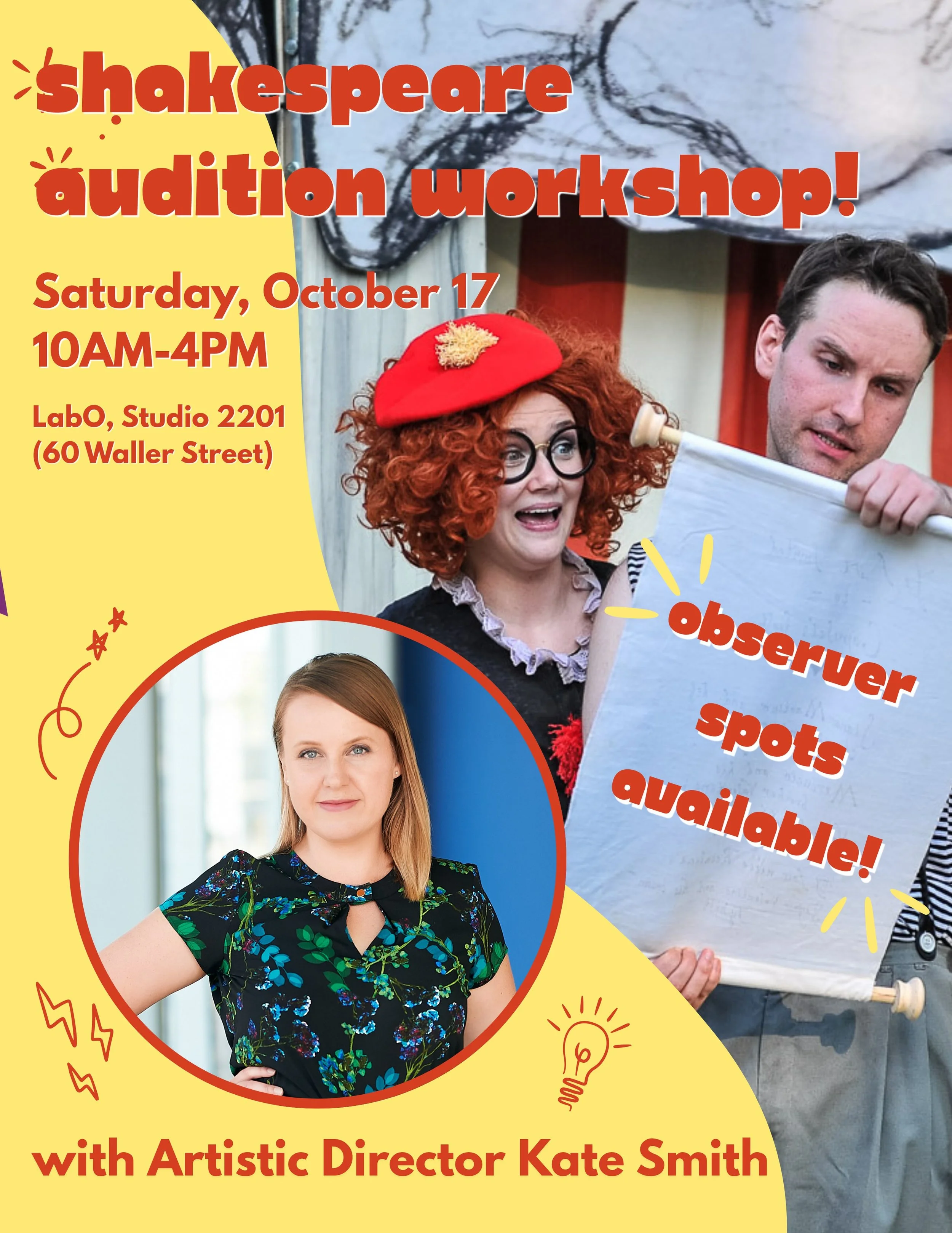 ✨SOLD OUT! ✨

Our Shakespeare Audition Workshop with Kate filled up so fast, and we can&rsquo;t wait to work with you all! 💫

To expand the love, we are opening up 3 Observer spots! These spots will give attendees the chance to participate in the fi