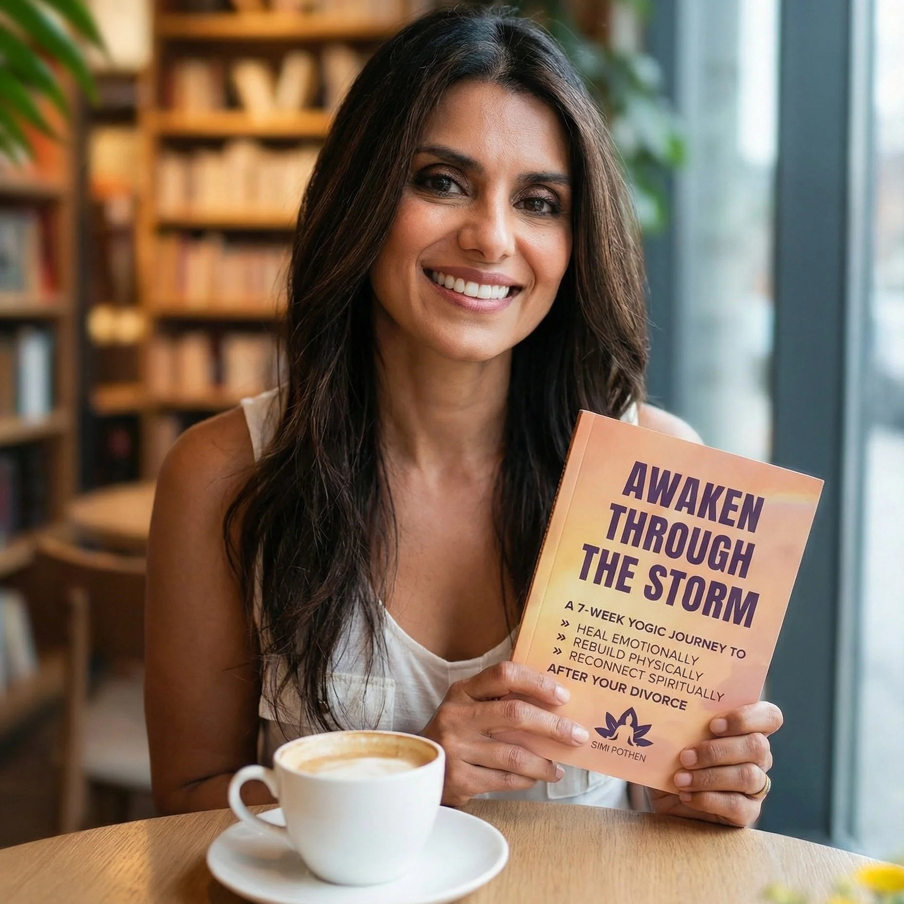 A woman with long brown hair and a white sleeveless top sitting at a table in a coffee shop, holding a book titled 'Awaken Through the Storm' and smiling. There is a cup of coffee on the table.