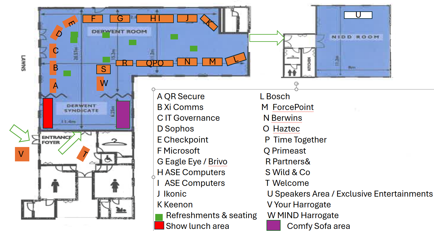 Blue floor plan of a conference or expo with labeled booths, seating, a lunch area, and a stage. Entrances marked on the bottom left. Booths labeled with letters and associated company names, with some booths marked as refreshment areas and a parquet sofa area.