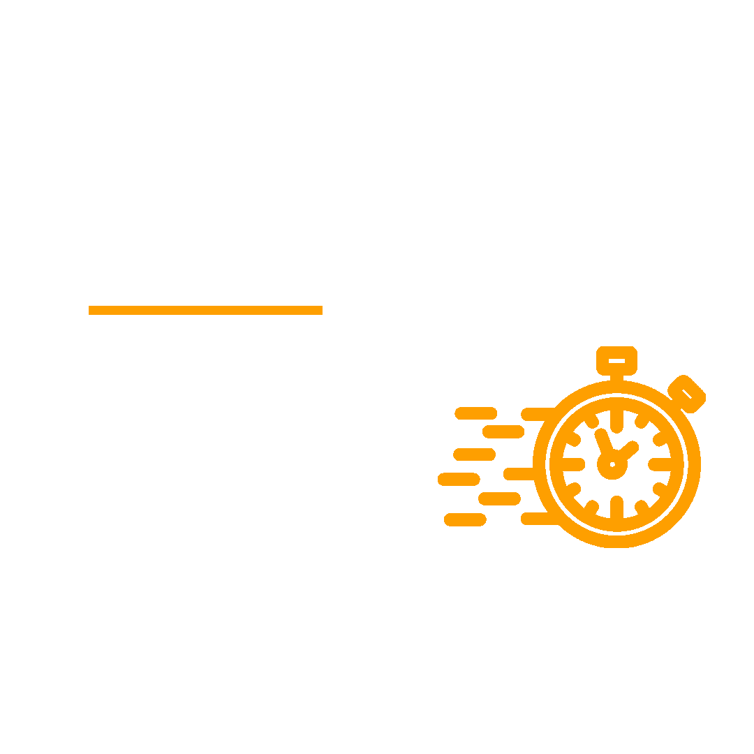 Black background with white text and an orange stopwatch icon on the right. The text explains the company's quick response process, emphasizing putting feet in shoes to understand client needs, and highlights serving a wide range of clients from large organizations to individual users.
