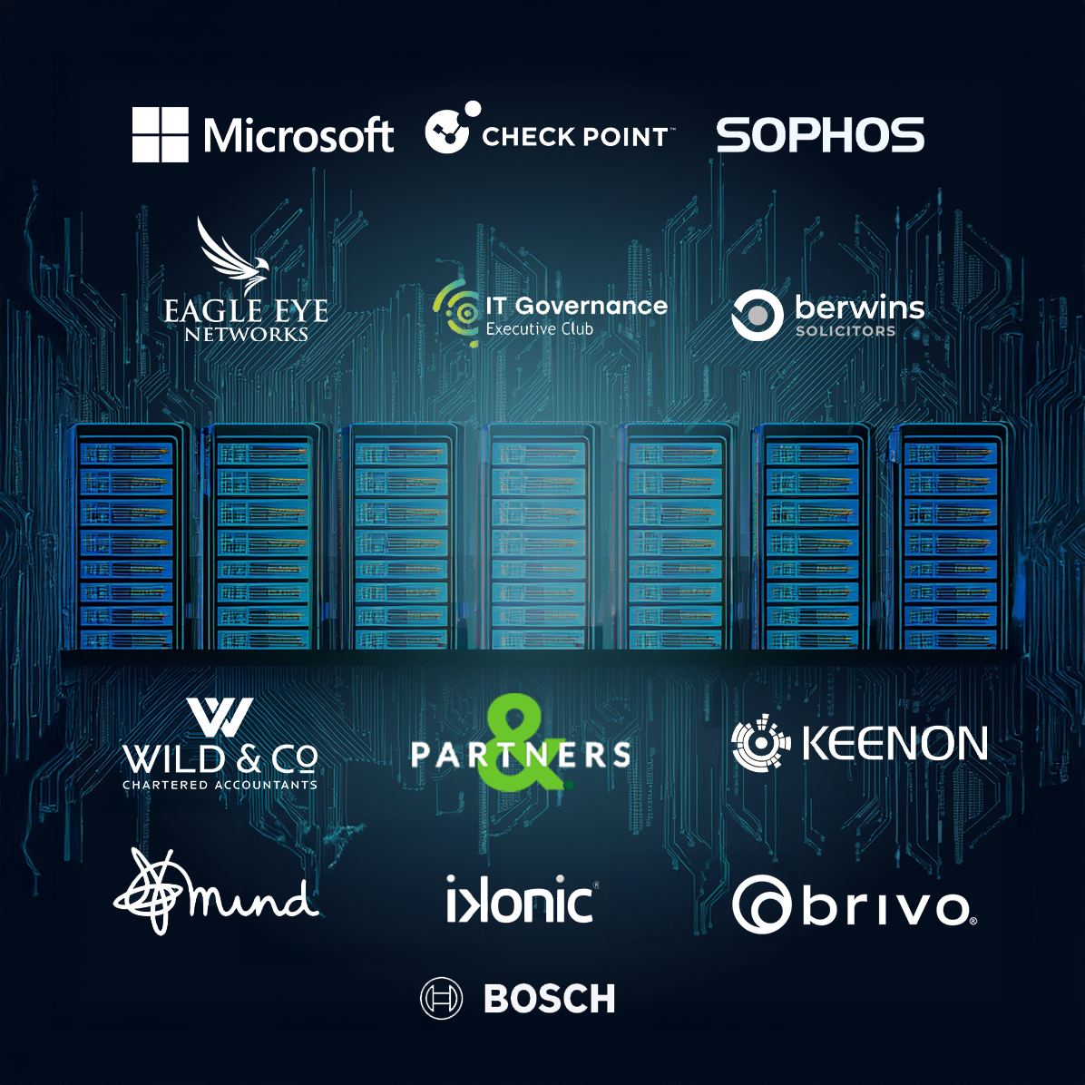 Digital illustration of server racks with technology company logos, including Microsoft, Check Point, Sophos, Eagle Eye Networks, IT Governance, Berwins Solicitors, Wild & Co, Partners, Keenon, Mund, Iklonic, Brivo, Bosch, in a dark blue background.