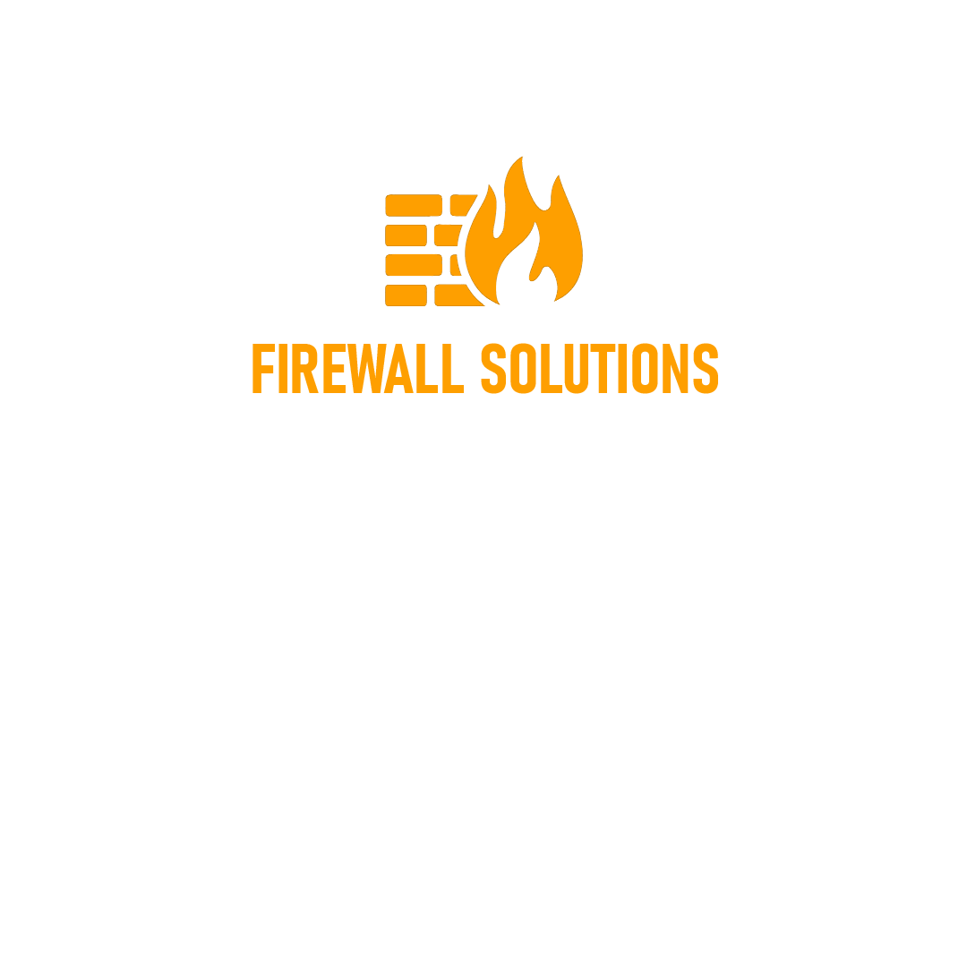 Logo for Firewall Solutions featuring a brick wall with fire in the center, and text describing their anti-virus and firewall services for businesses.