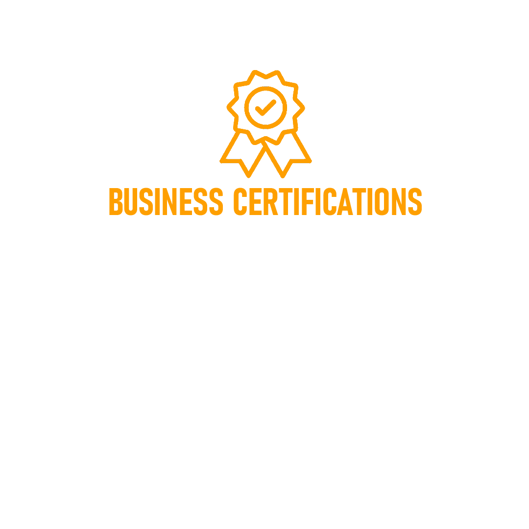A black background image with an orange certification badge icon at the top and the text 'BUSINESS CERTIFICATIONS' in bold orange letters below it. Below that, there is white text that reads: 'A.S.E COMPUTERS CAN HELP YOU BECOME CYBER ESSENTIALS CERTIFIED AND WILL HELP YOU GET YOUR BUSINESS PREPARED FOR AN ASSESSMENT AND ENSURE YOU ARE COMPLIANT.'