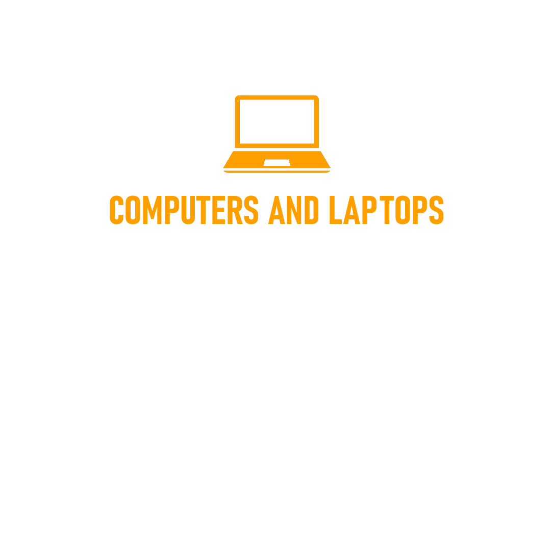 Sign with an icon of a laptop and the text promoting computers and laptops, mentioning supply from leading manufacturers, performance, cost, and sales assistance.