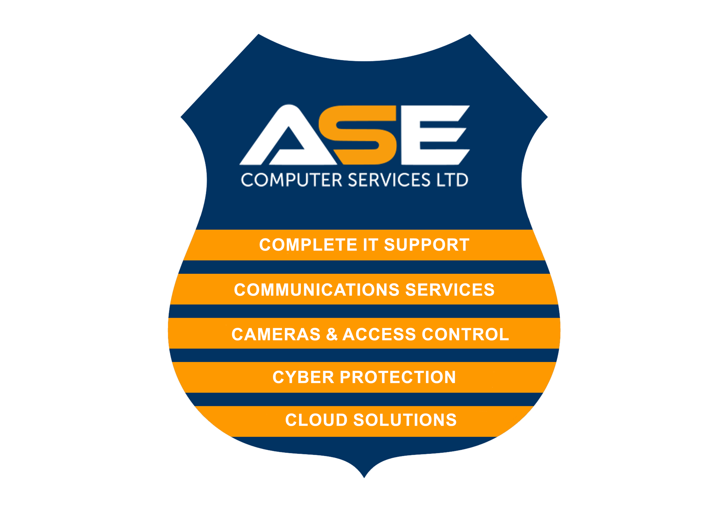 Shield-shaped badge for ASE Computer Services Ltd, listing services including complete IT support, communications, cameras & access control, cyber protection, and cloud solutions.