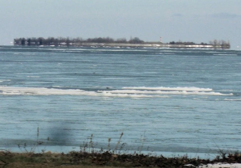 Frozen body of water with ice and snow, shoreline with grass in foreground, distant land with buildings and trees in the background.