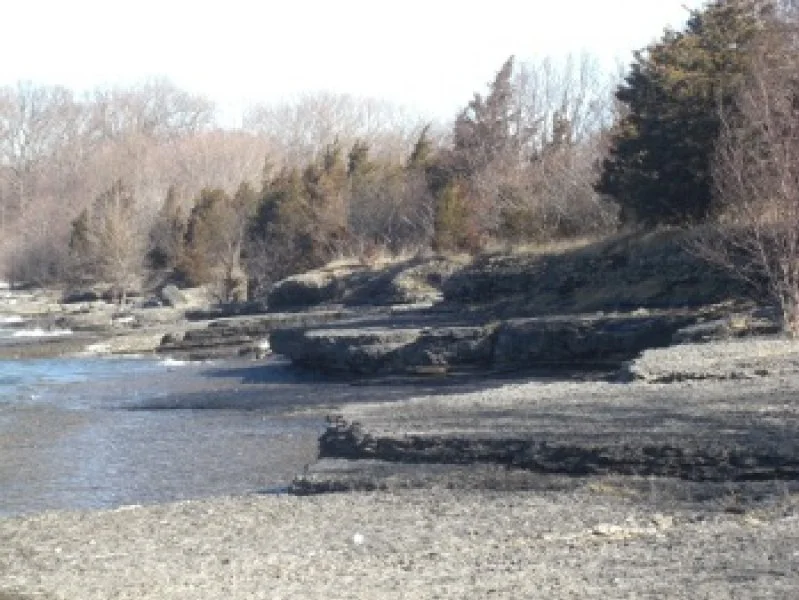 A river with a rocky shoreline, leafless trees, and a partly cloudy sky.