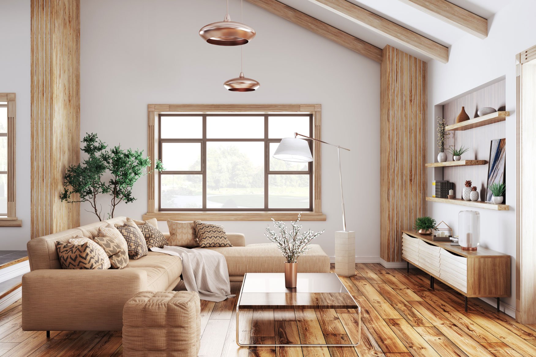 Living room with beige sectional sofa, wooden flooring, large window, and modern decor.