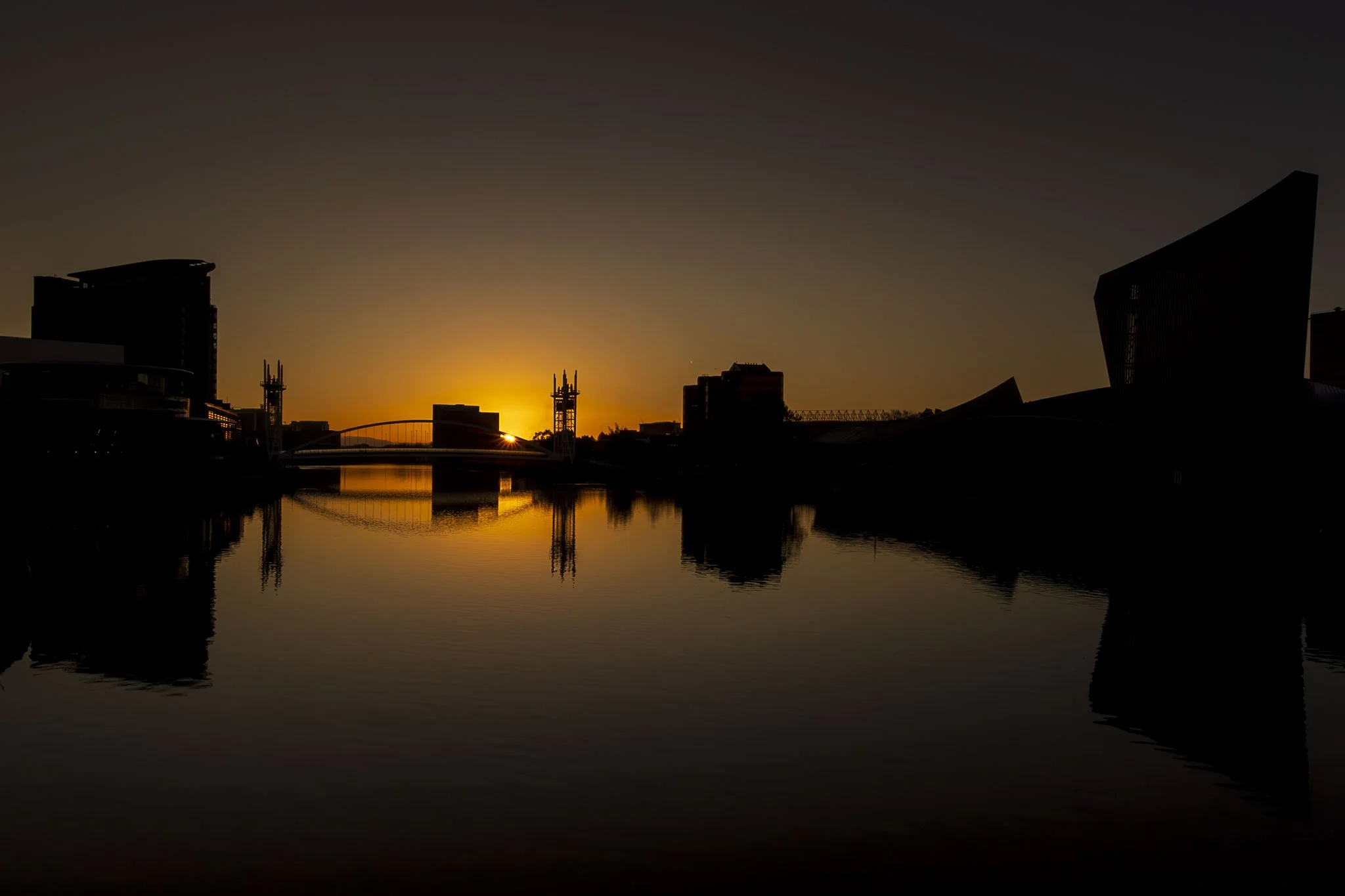 Salford Keys, Media City, Manchester. Sunrise Silhouette. 