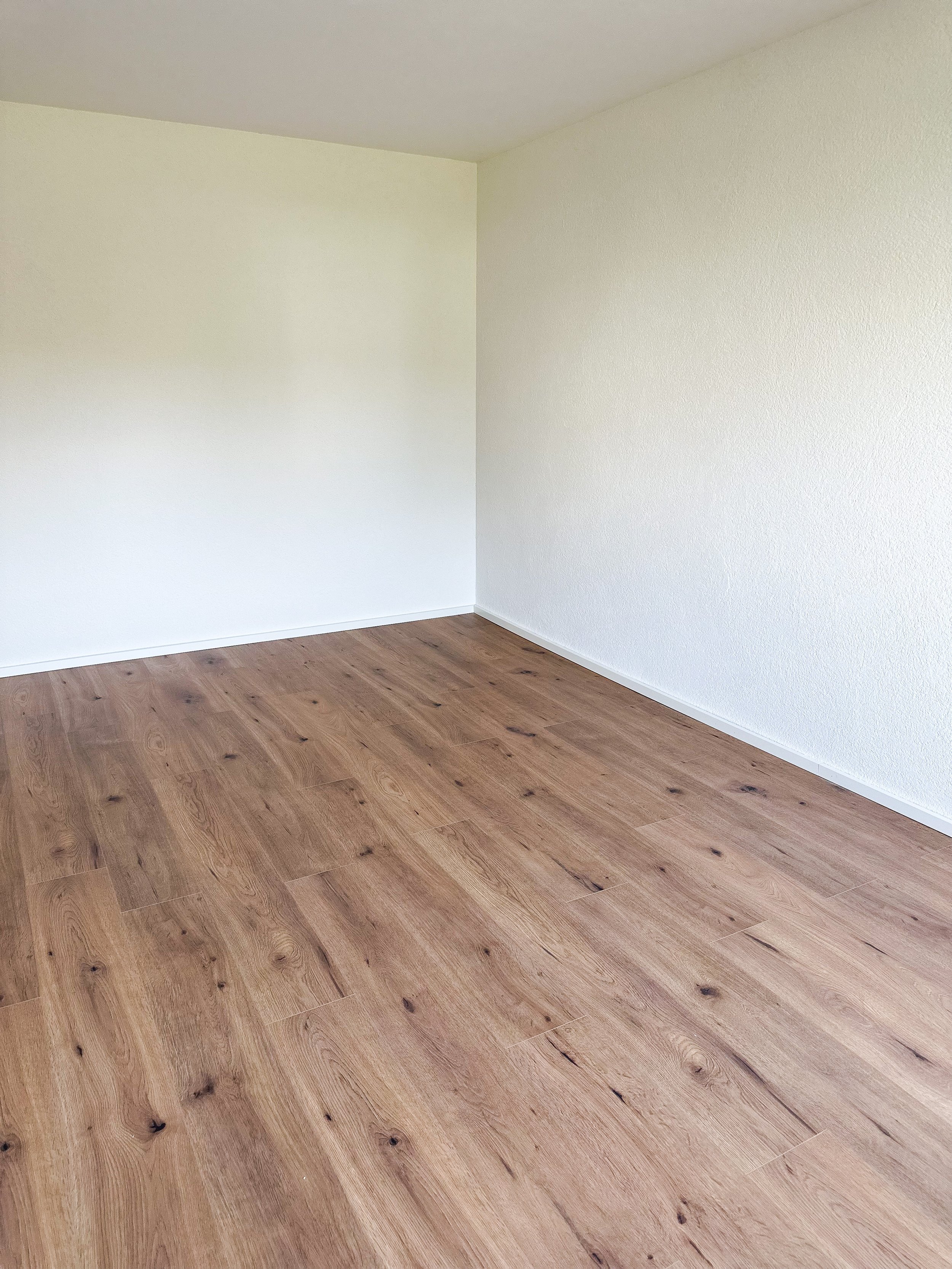 Saniertes Zimmer mit Laminat und verputzten Wänden