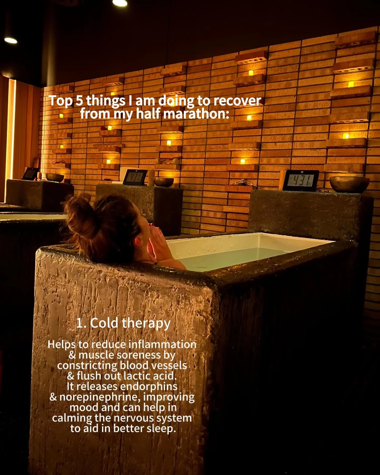 ✨ 5 things I did the day after my half marathon to help with recovery:

🧊 Cold Therapy
⚡️ IMS
🔥 Sauna
💨 Compression Therapy
💤 Rest day!

❤️&zwj;🩹 Allow your body to recharge, flush out waste, and repair muscle tissue. It&rsquo;s all part of the 