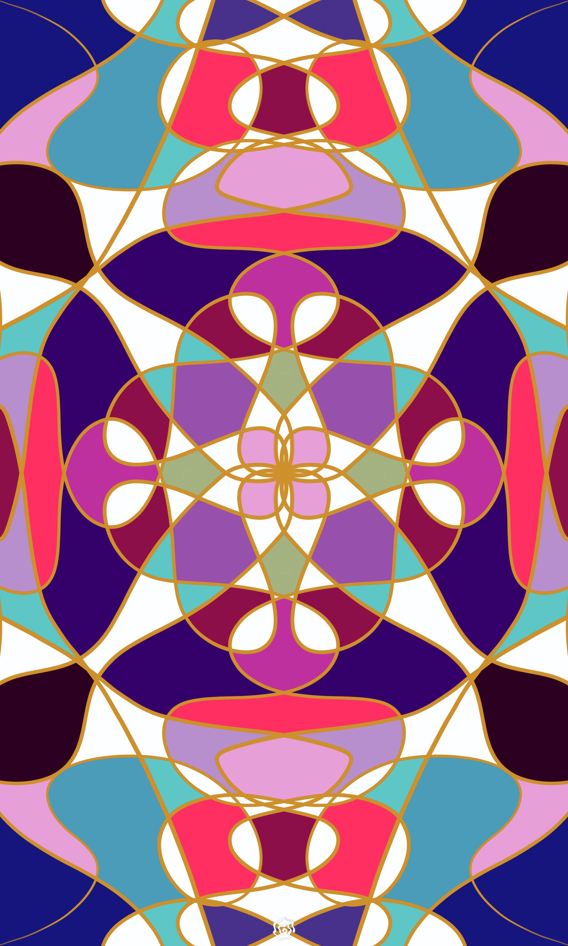 Abstract geometric pattern with symmetrical design in vibrant colors including pink, purple, blue, and gold outlines.