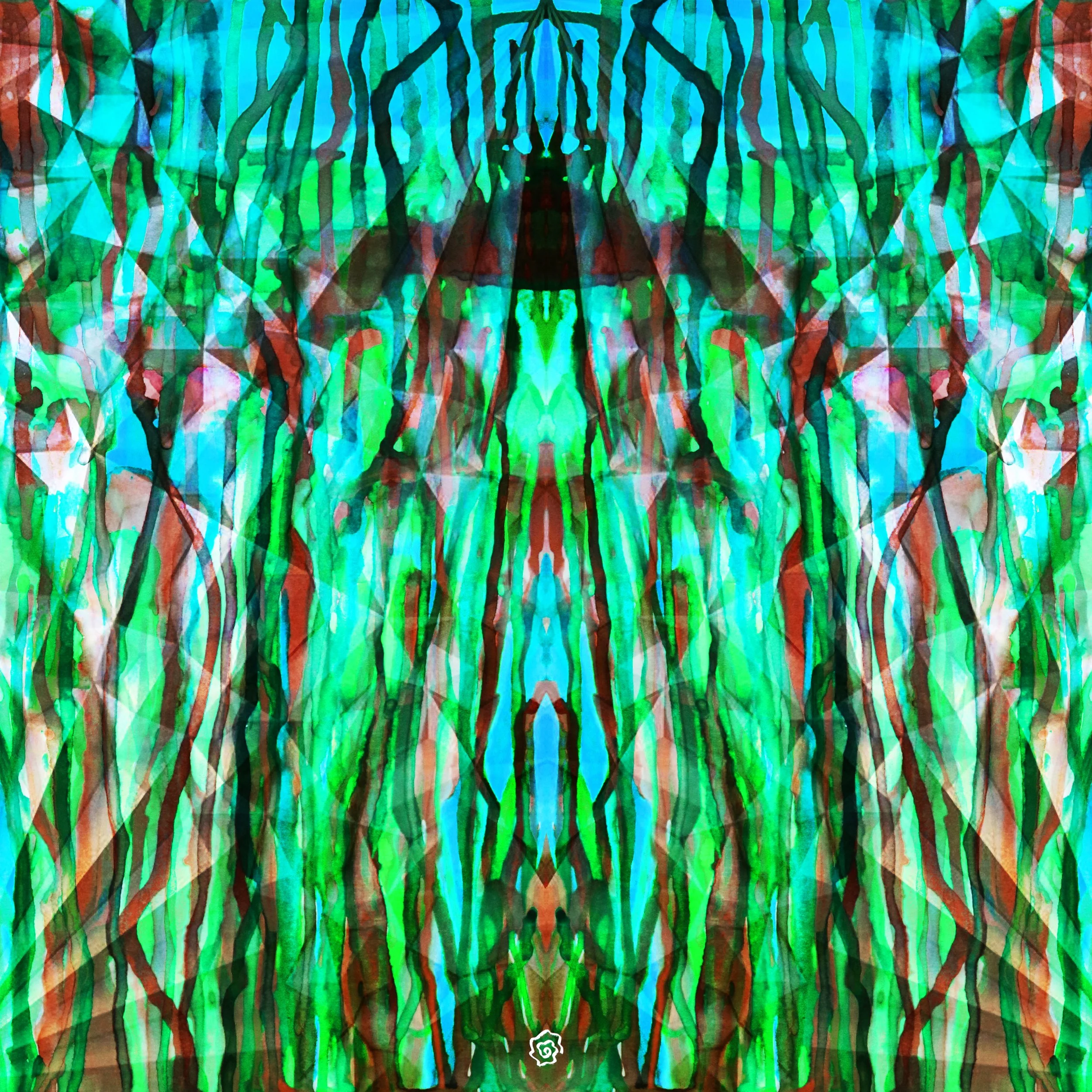 Abstract watercolor painting in shades of green, blue, and red, featuring symmetrical patterns and vertical lines.
