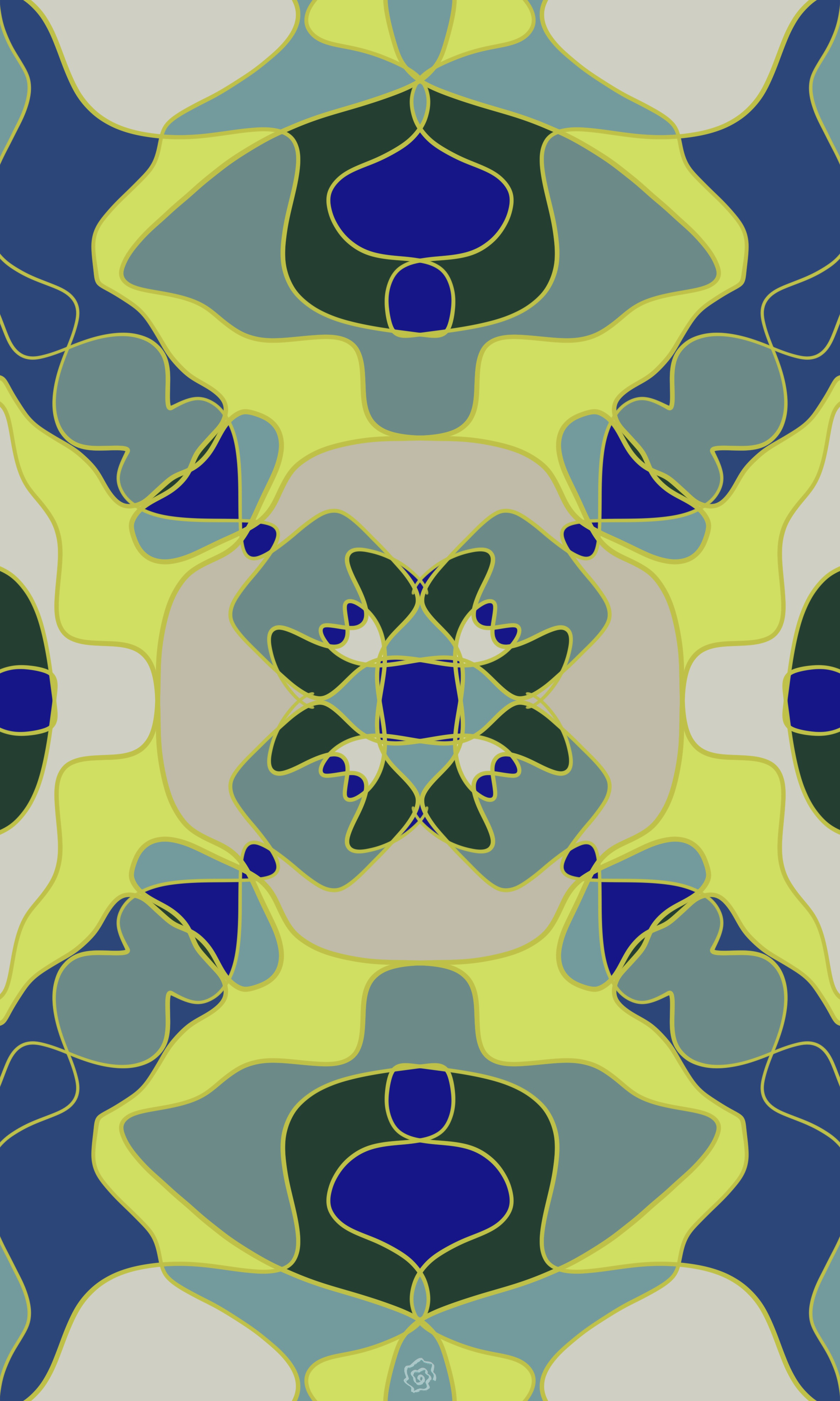 Colorful abstract symmetrical pattern with blue, green, and yellow shapes in a kaleidoscopic design.
