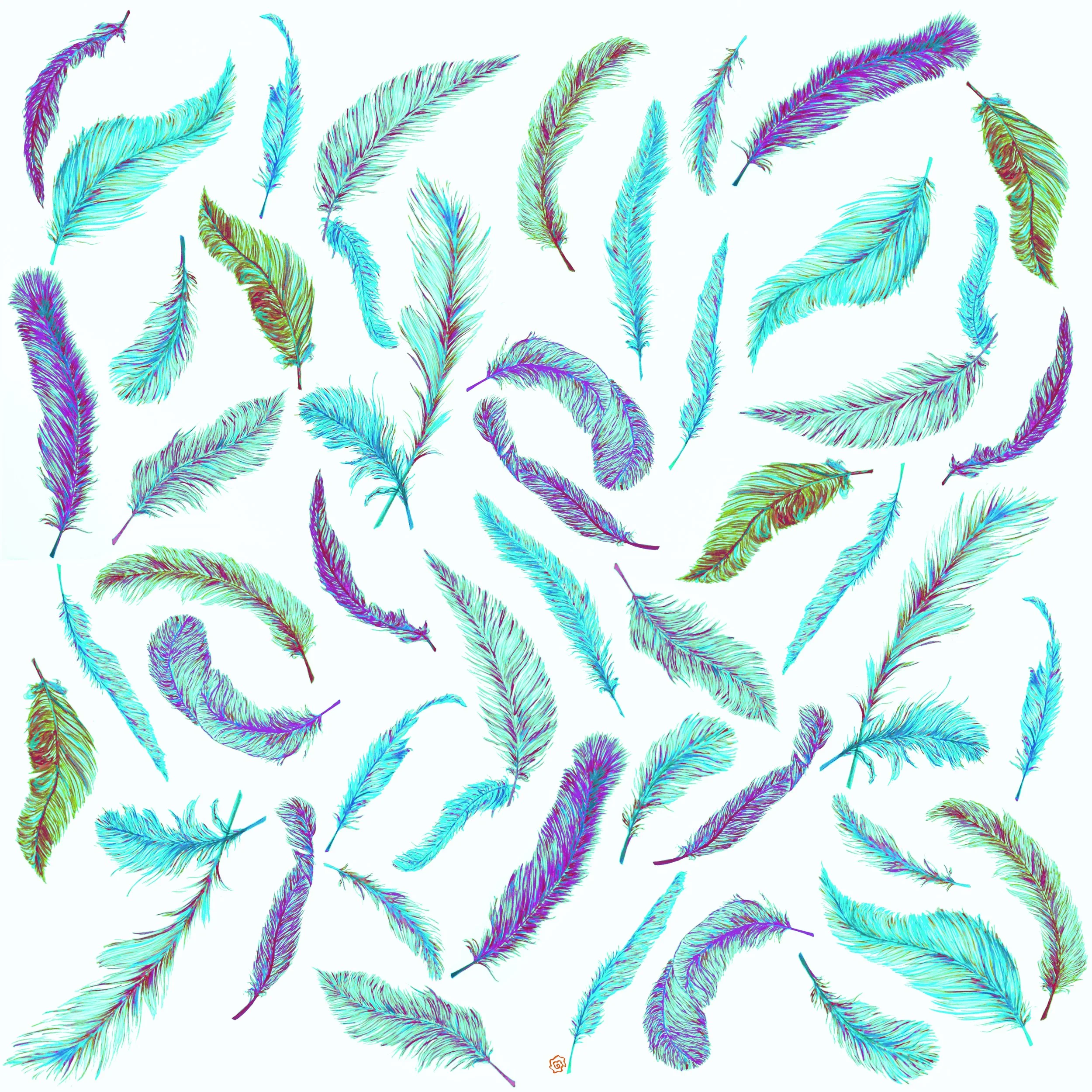 Colorful hand-drawn feathers in blue, green, and purple shades are scattered randomly on a white background.