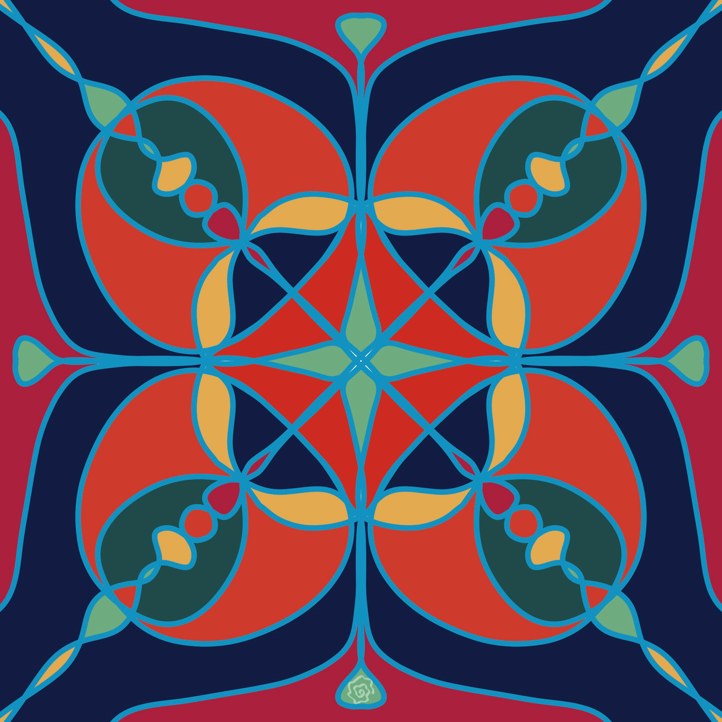 Abstract geometric pattern with red, blue, and green colors forming symmetrical shapes and curves.