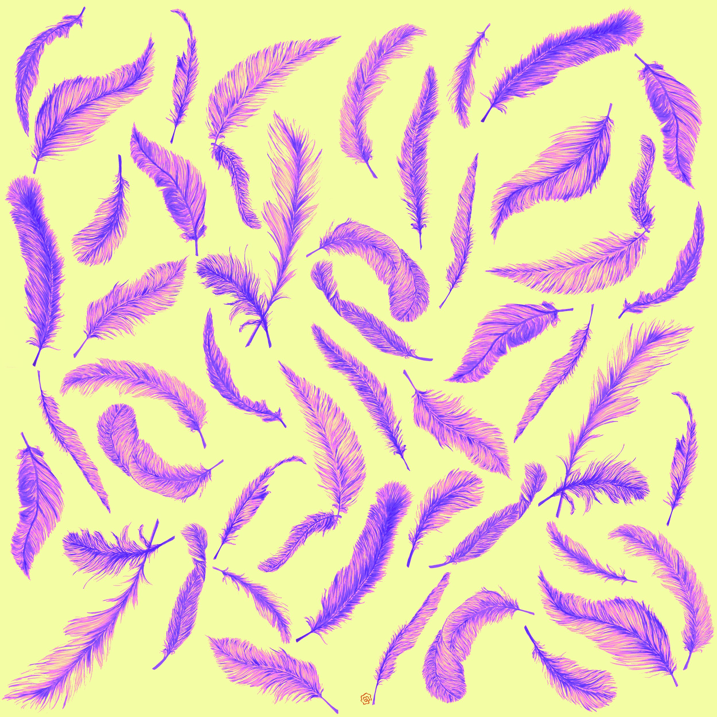 Illustration of various purple feathers on a light yellow background.