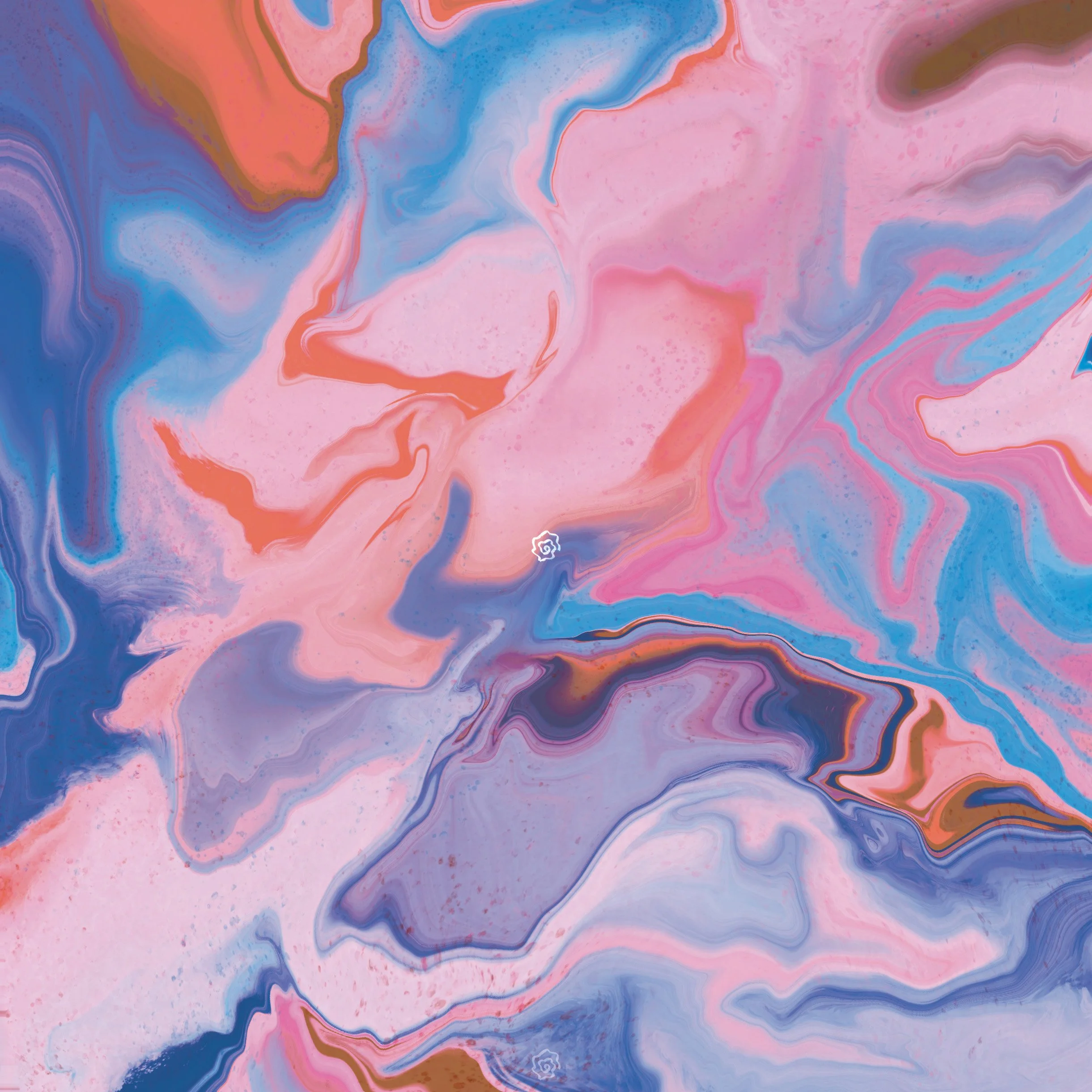 Abstract painting with swirling pink, blue, and orange colors.