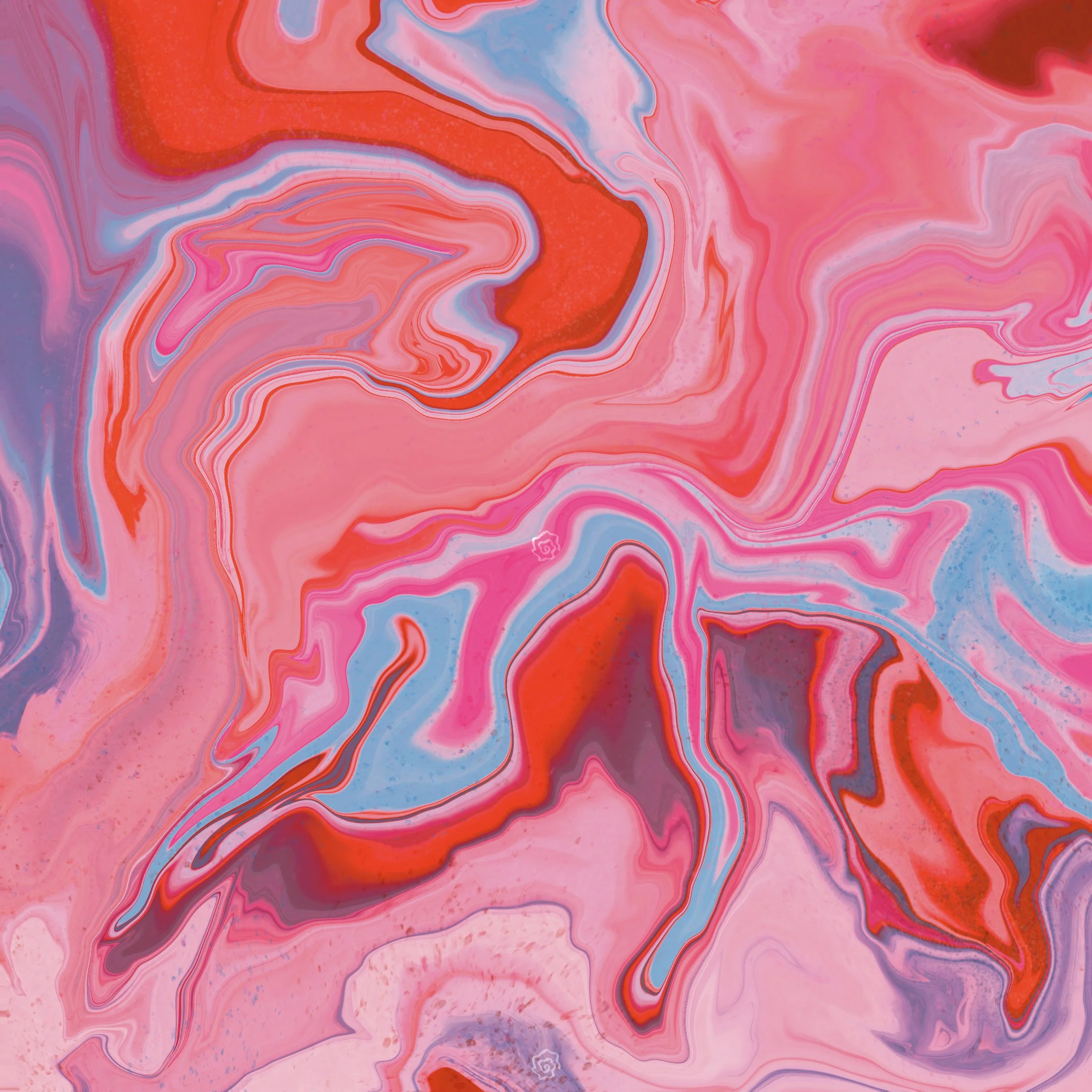 Abstract marble pattern with swirls of red, pink, blue, and purple.