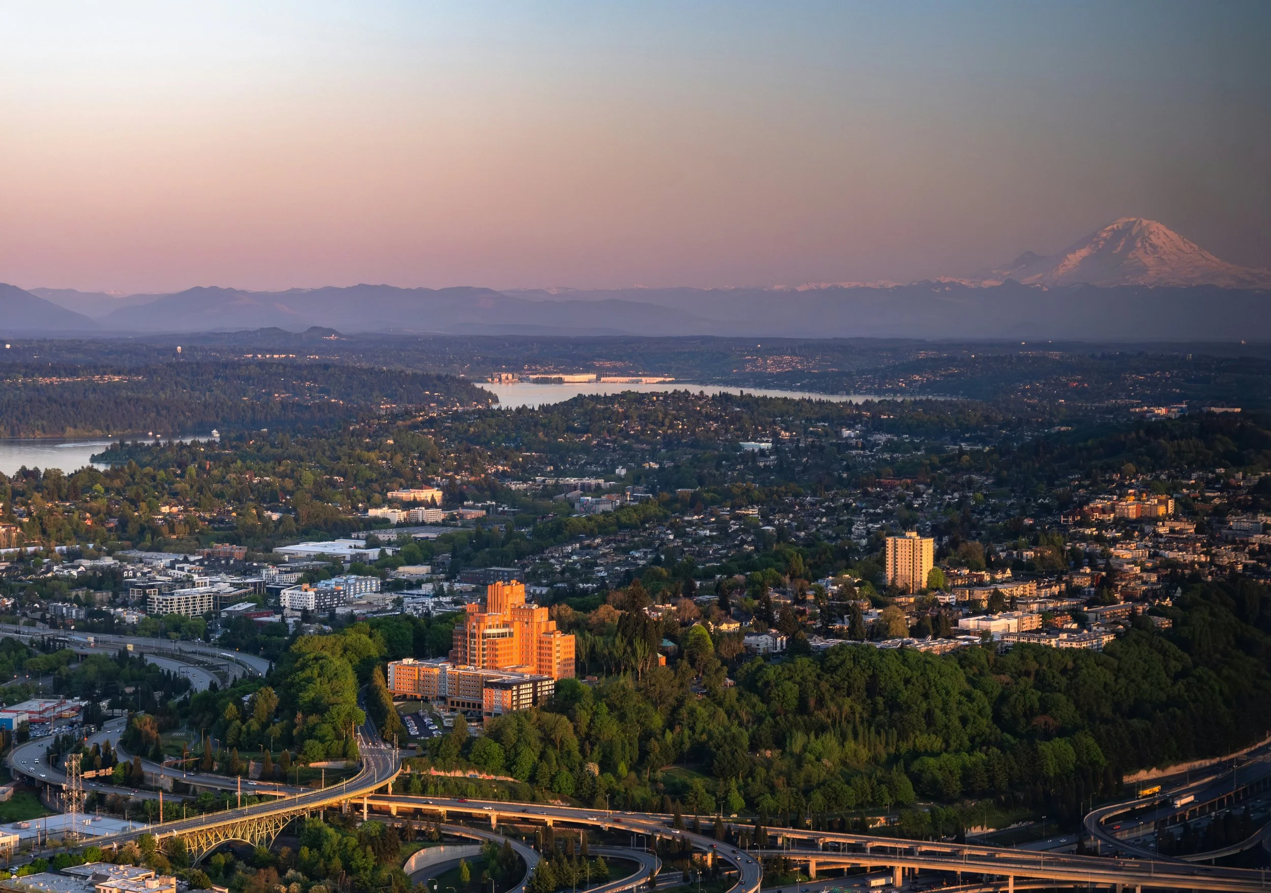 Aerial view of King County and Mt. Rainier