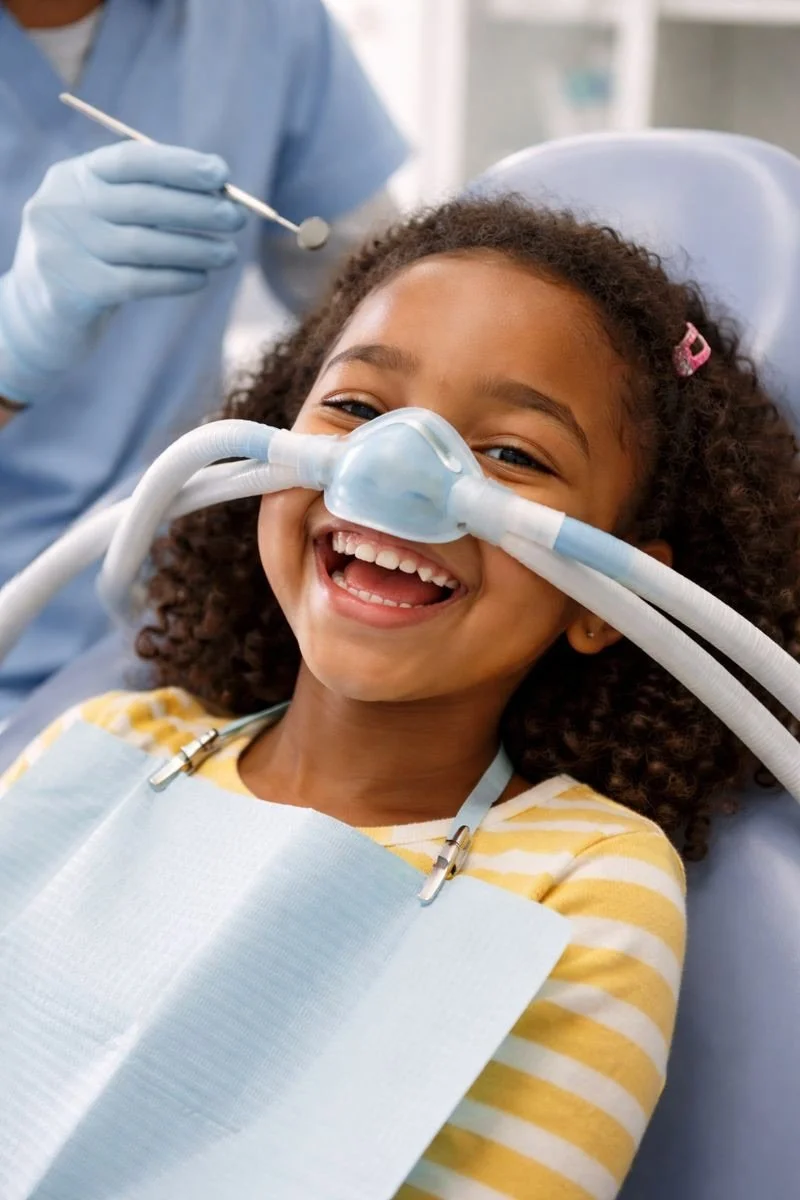 young girl wearing a nitrous oxide mask smiling for the camera