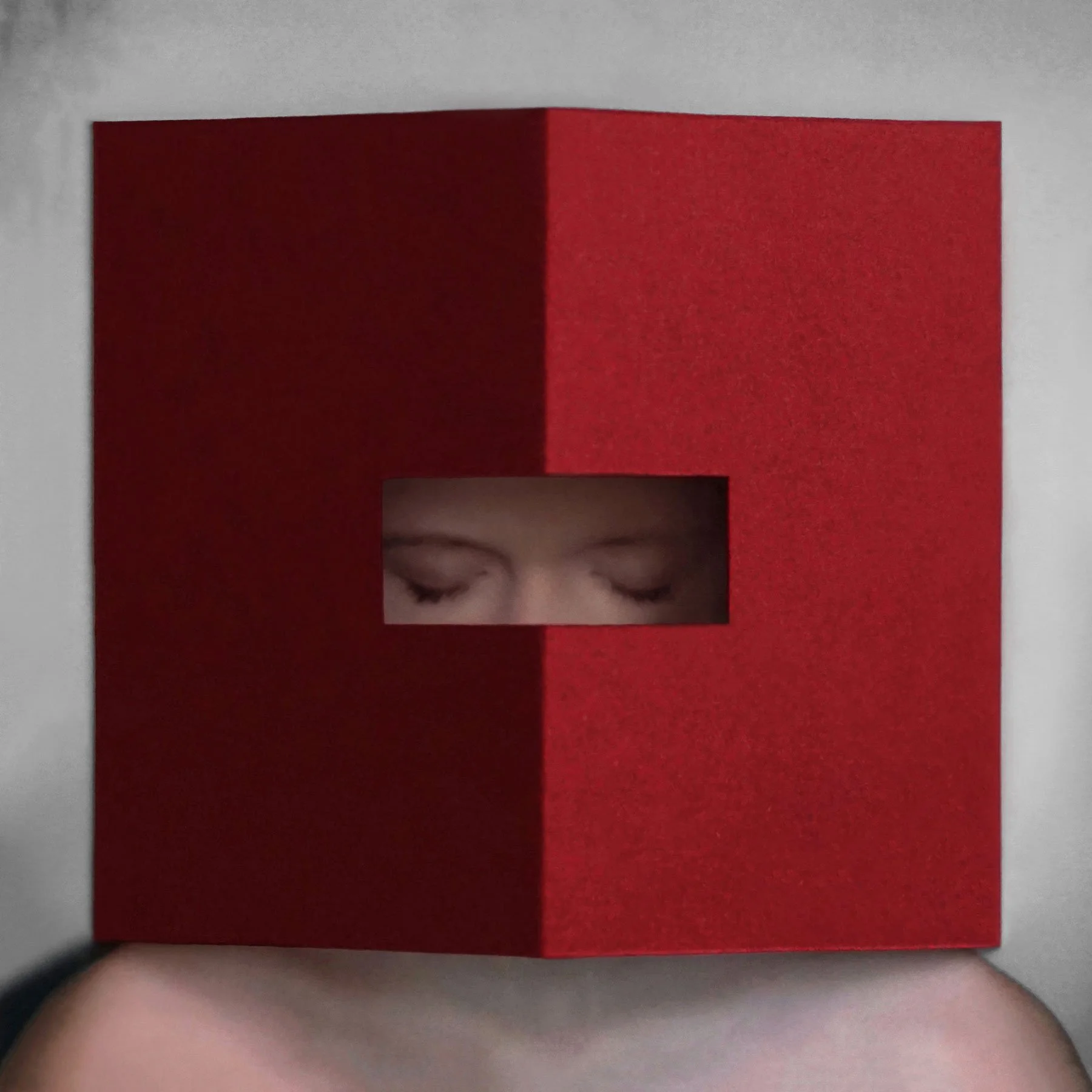 hedendaagse kunst polaroid portretfoto in kleur, abstract bewerkt met bordeauxrood papier.