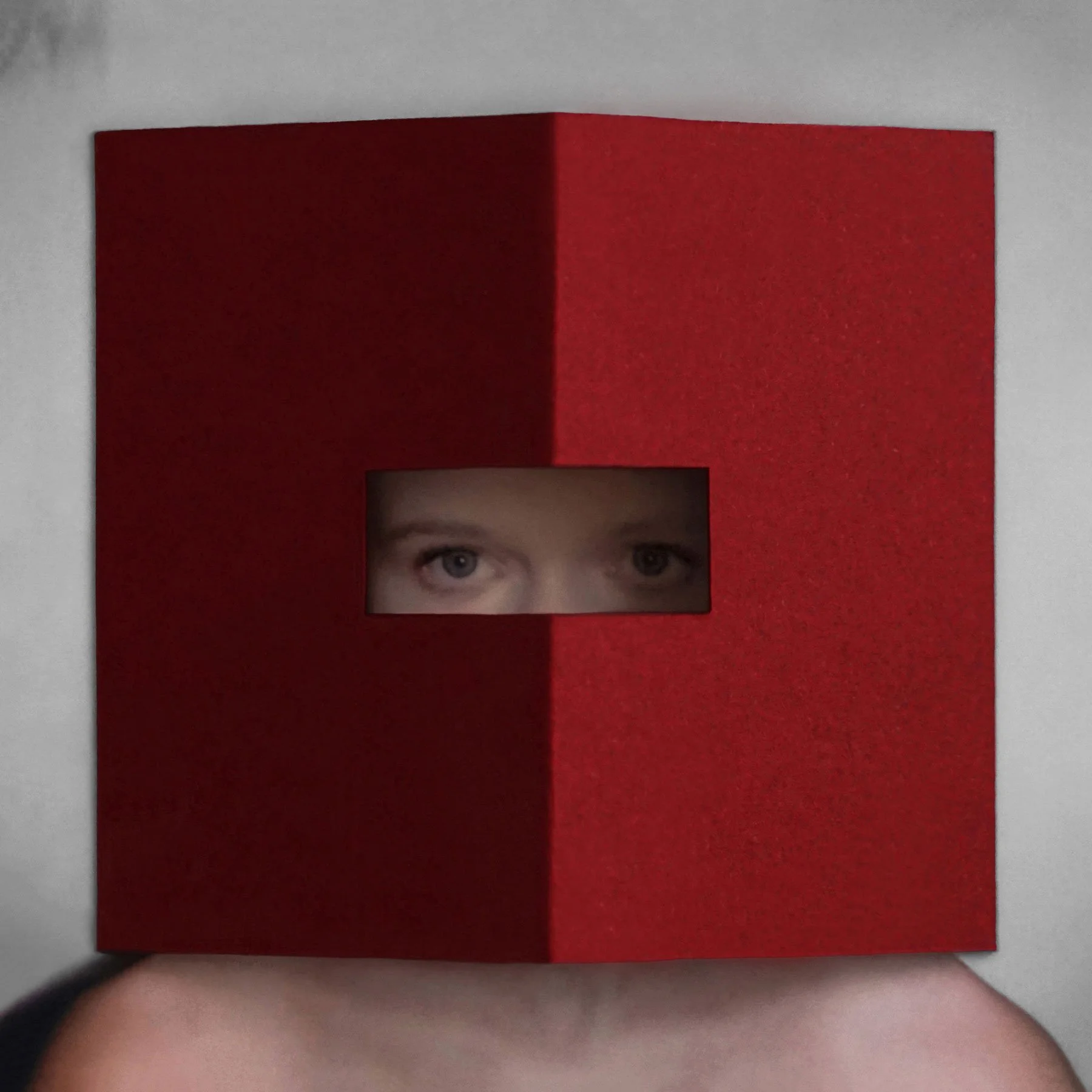 hedendaagse kunst polaroid portretfoto in kleur, abstract bewerkt met bordeauxrood papier.