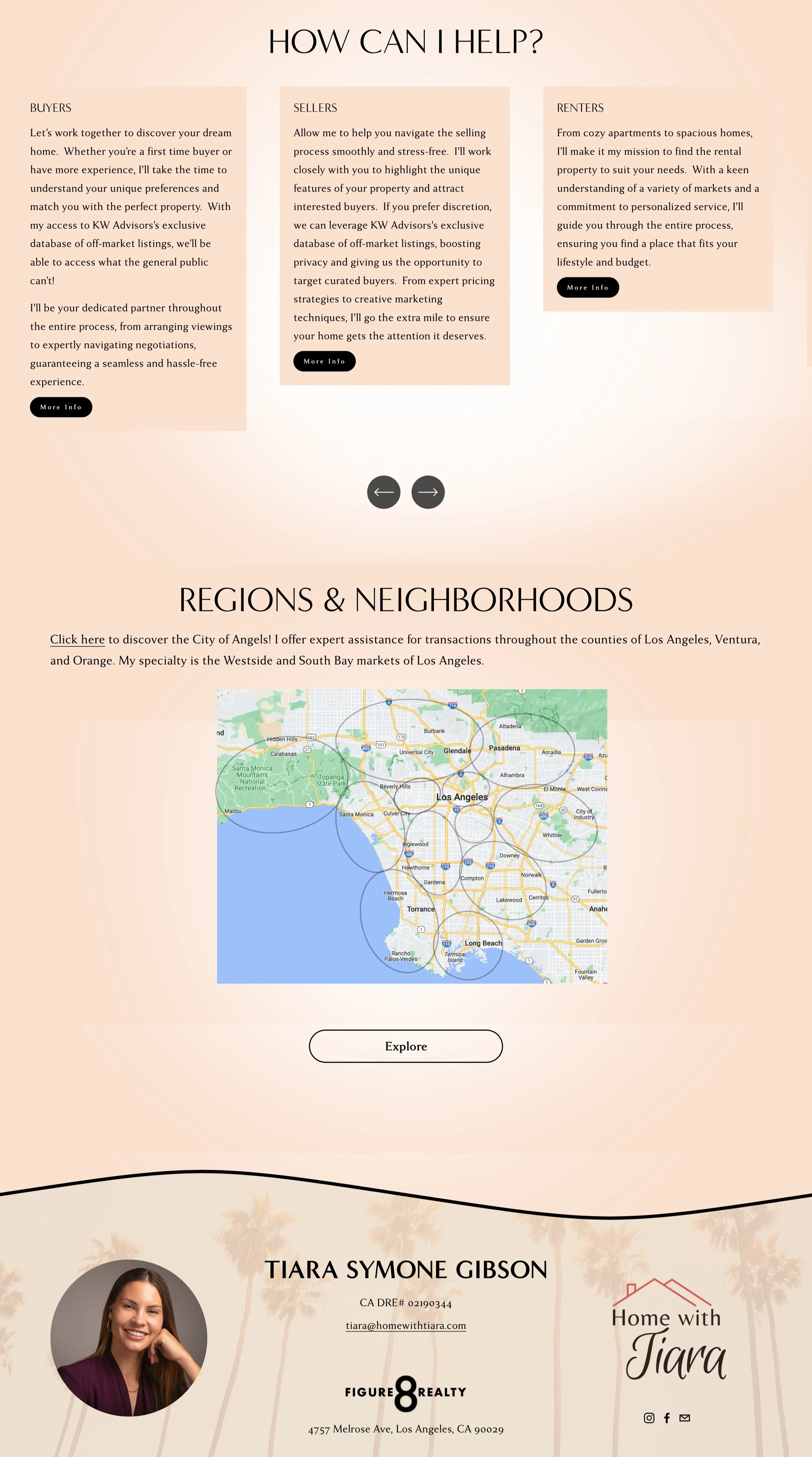 Section of a real estate website page with three columns of text about help for buyers, sellers, and renters, a map of Los Angeles, a profile picture of Tiara Symone Gibson, and contact details.