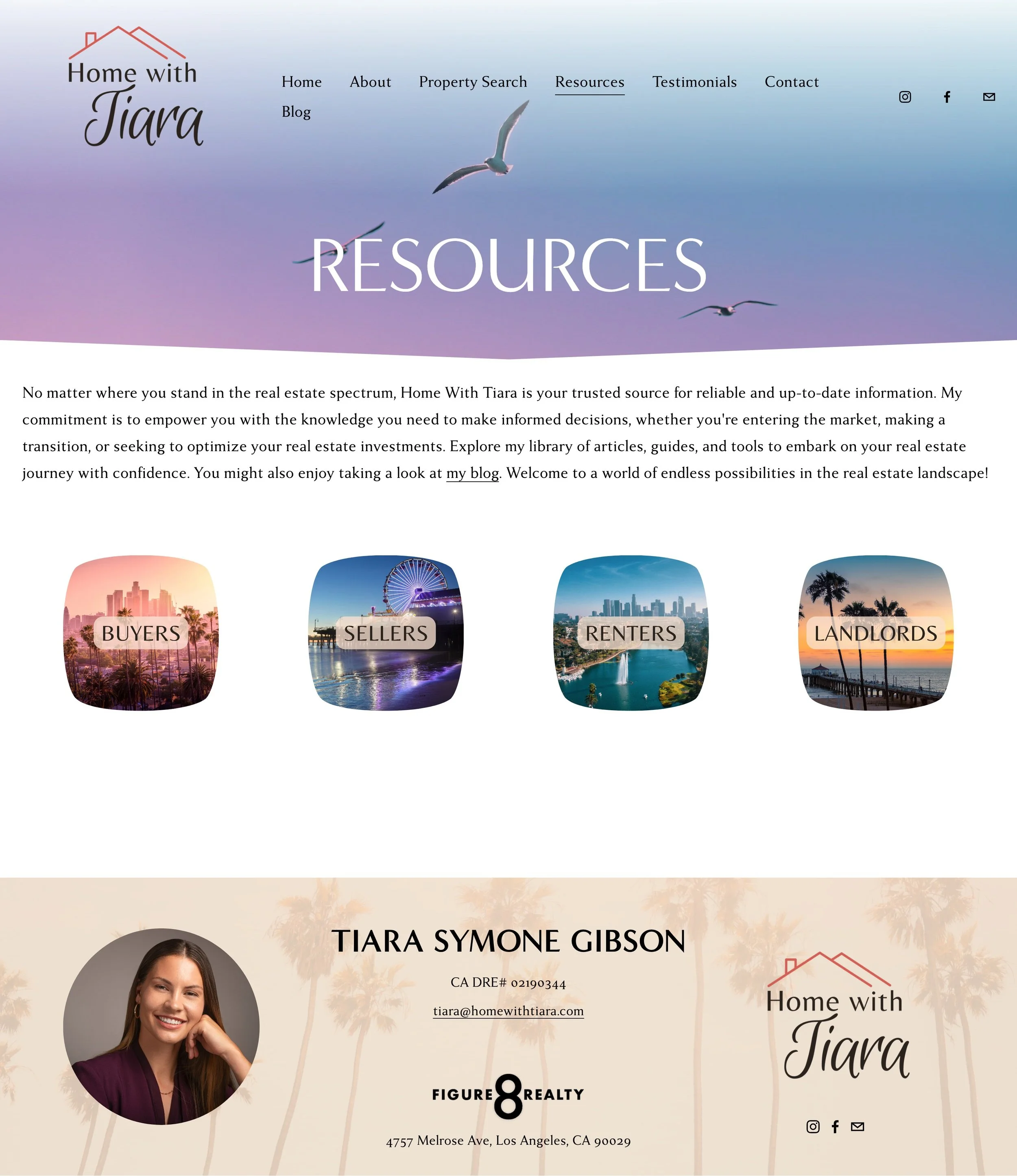 A real estate website homepage with a navigation menu, a header with a bird flying, a section titled 'Resources' with a paragraph, and four icons labeled 'Buyers,' 'Sellers,' 'Renters,' and 'Landlords' showing cityscapes and waterfront views. Below i