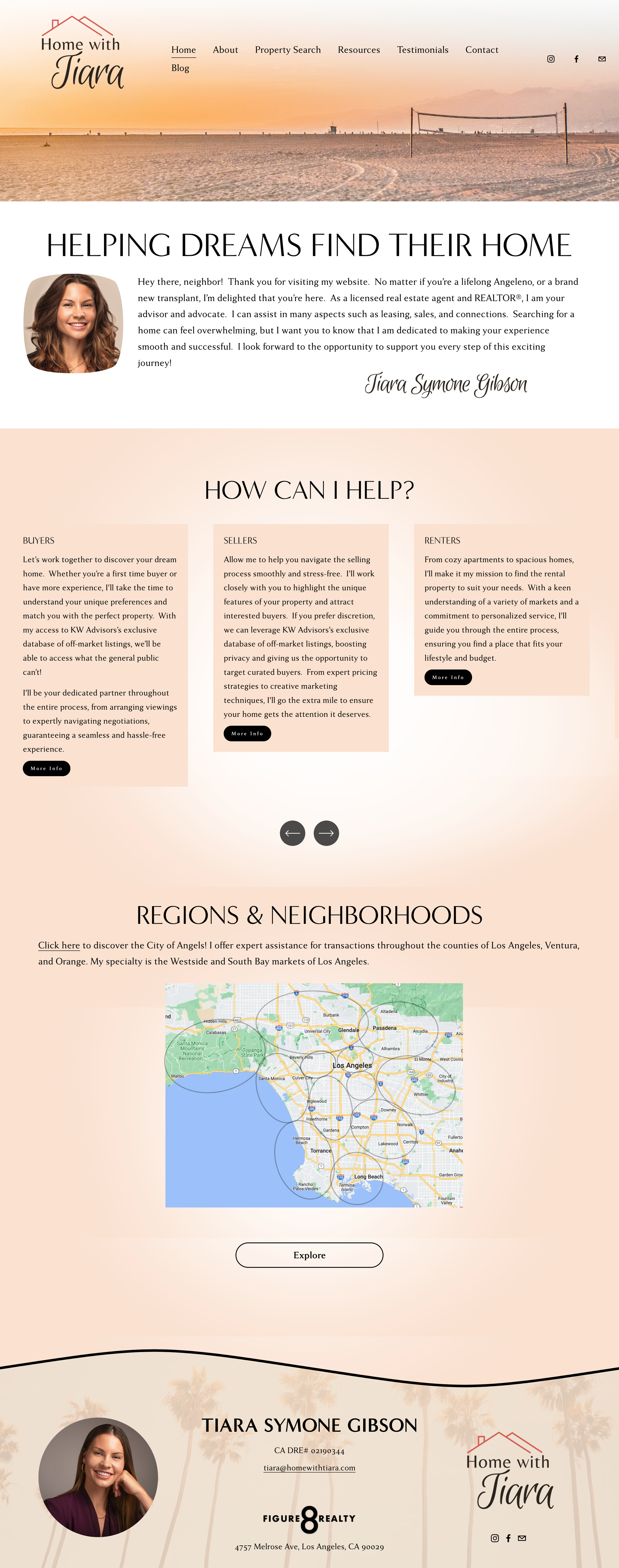 Webpage for 'Home with Tiara,' a real estate agent in Los Angeles, featuring a beach scene with a volleyball net at sunset, an introduction from Tiara, service descriptions for buyers, sellers, and renters, a map of Los Angeles, and contact information.