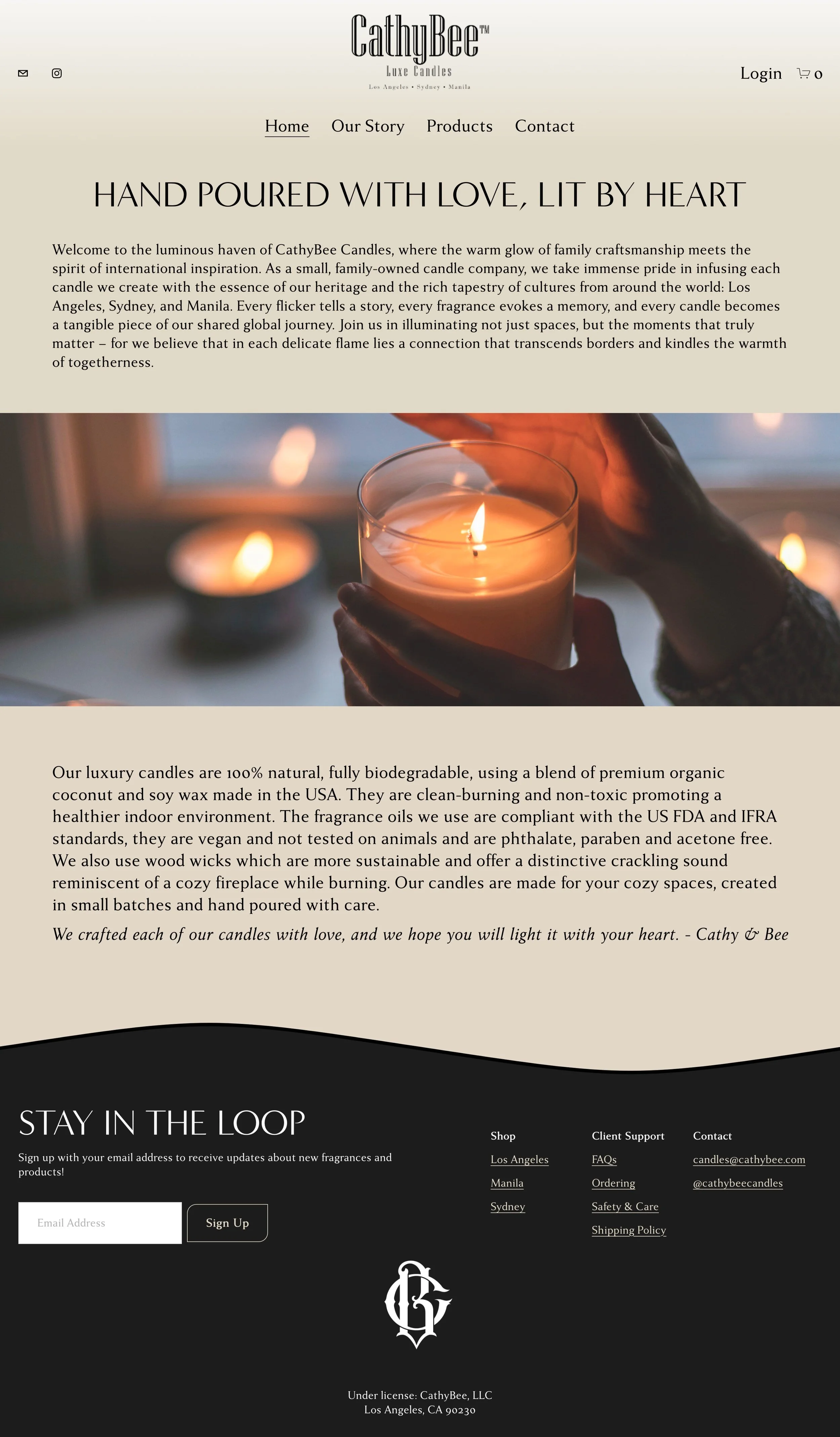 Website homepage for CathyBee candles, featuring a headline 'Hand Poured With Love, Lit by Heart' and an image of a hand holding a lit candle. The page includes sections about the candles' craftsmanship, ingredients, environmental benefits, and contact information, with navigation links for Home, Our Story, Products, and Contact.