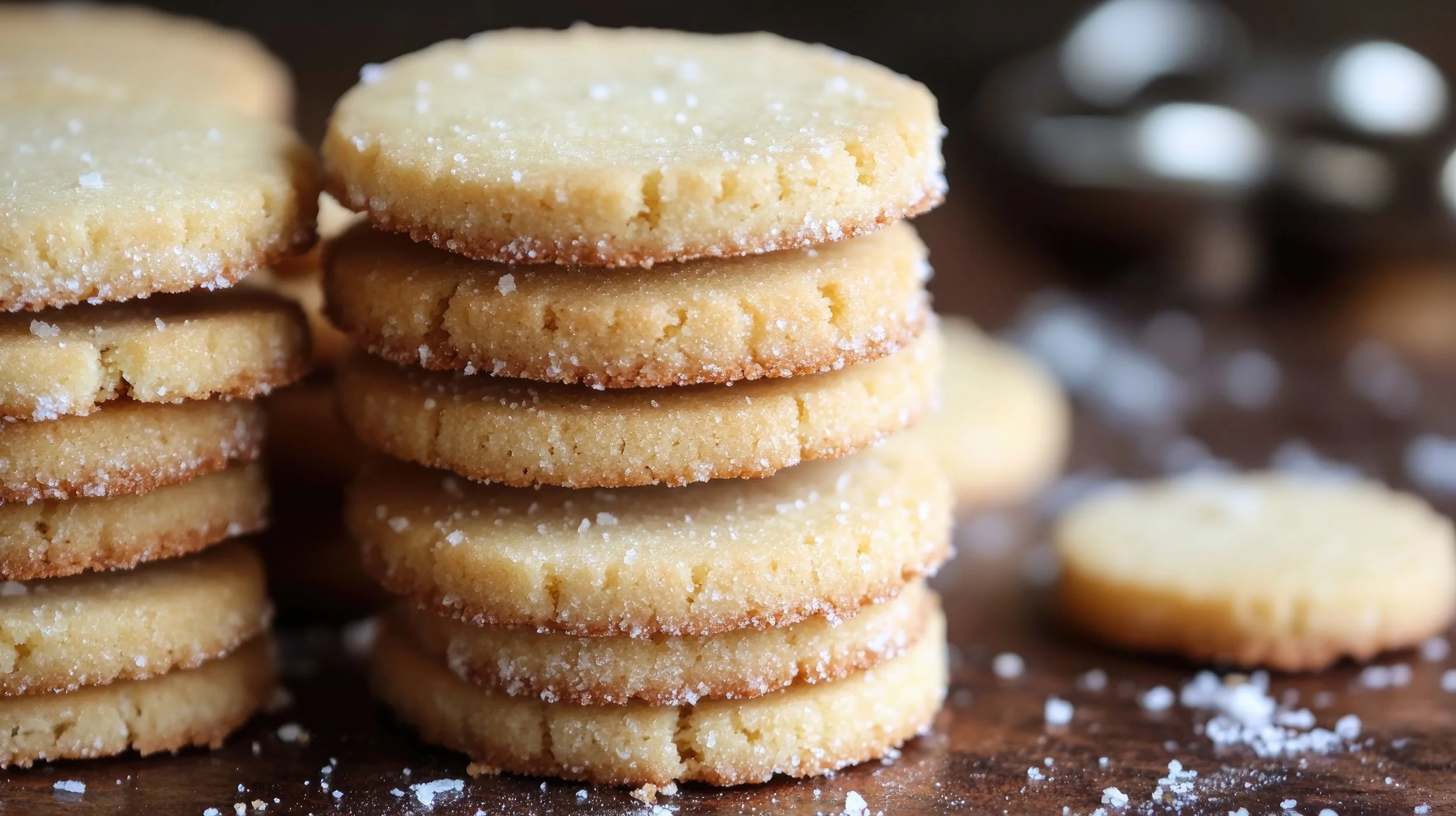 Stacks of buttery shortbread cookies with sugar crystals on a wooden surface.