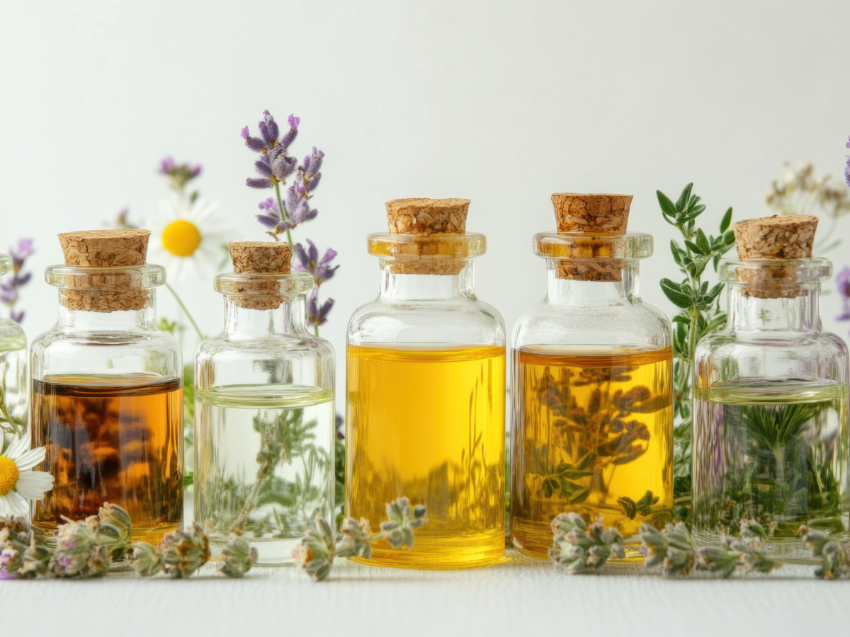 Five bottles of essential oils with rosemary, lavender, and roman chamomile surrounding