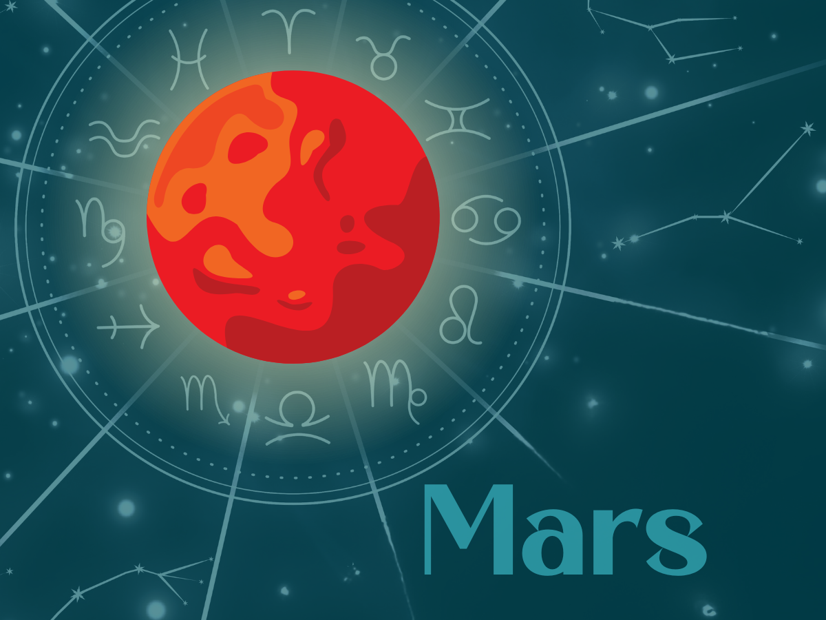 An illustration of Mars in a starry night sky with the wheel of the zodiac faded in the background. The text "Mars" is in the bottom right-hand corner.